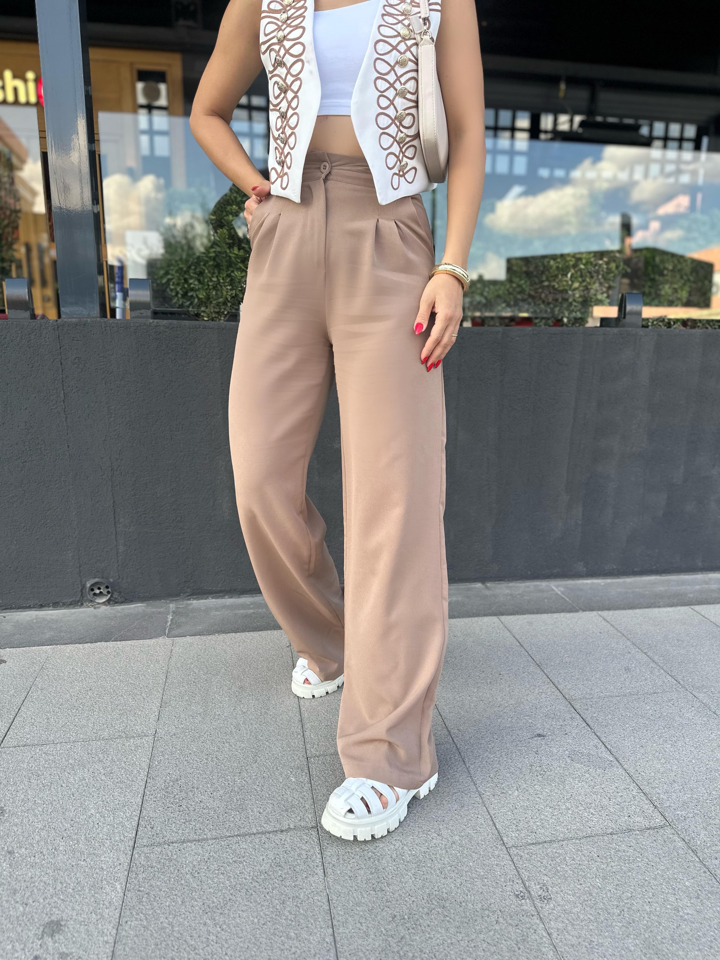 Kahve Çift Pliseli Palazzo Pantolon