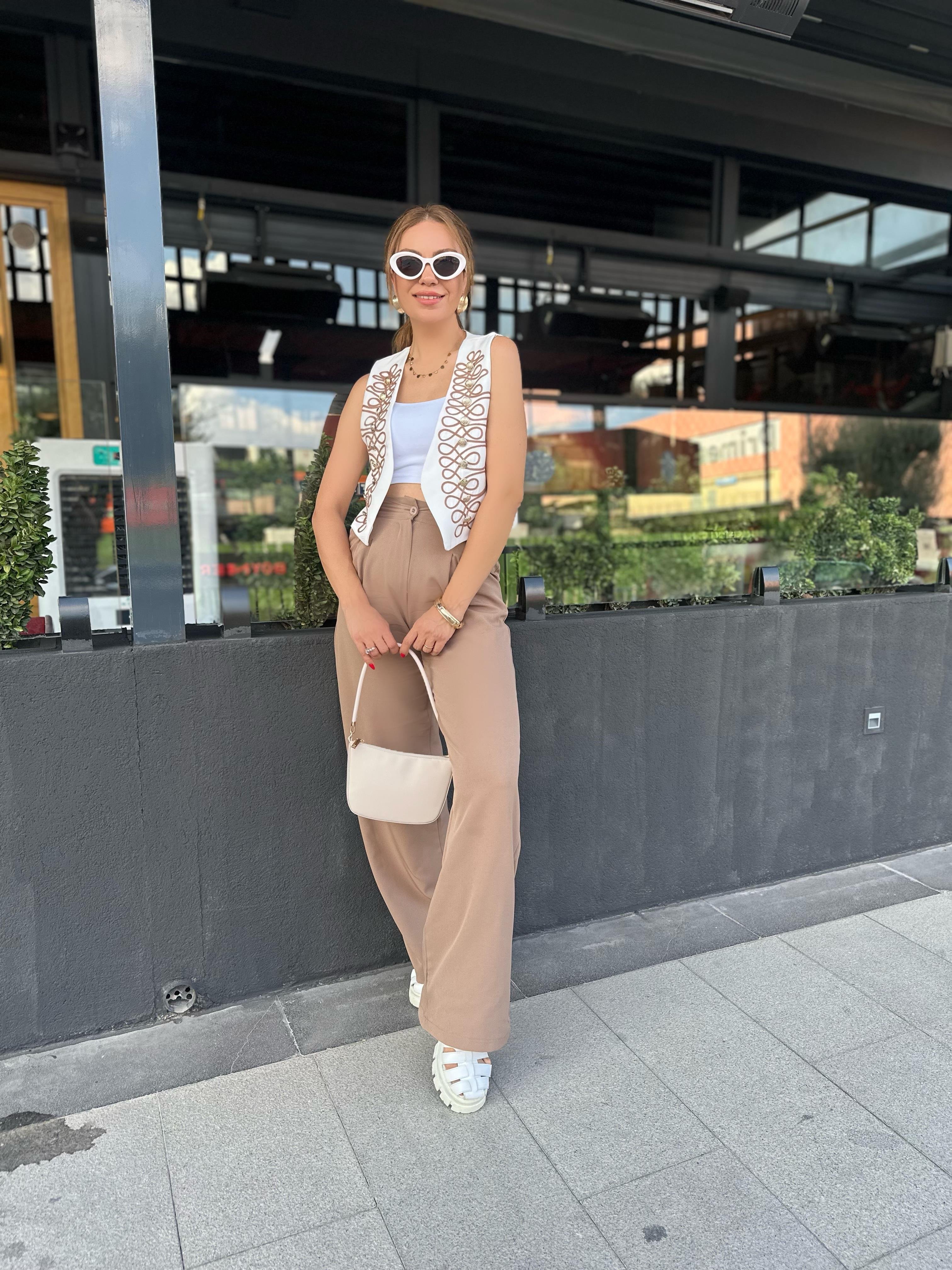 Kahve Çift Pliseli Palazzo Pantolon