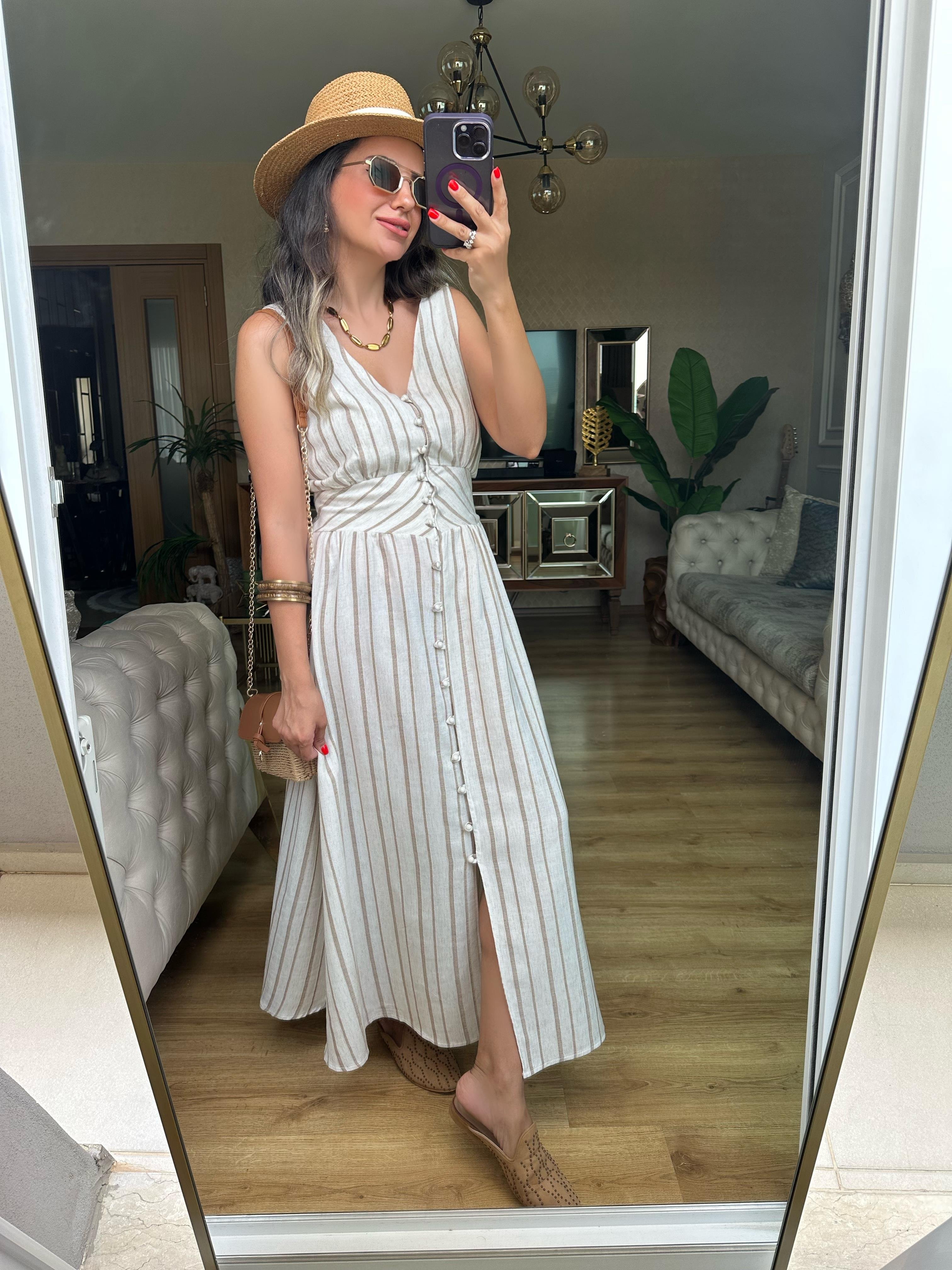 Kahve Çizgili Önden Düğmeli Keten Elbise
