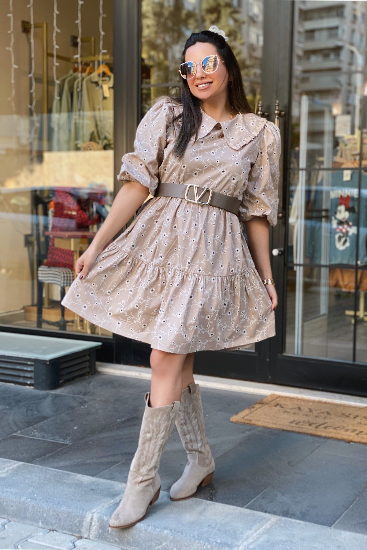 Kahve Fırfırlı Bebe Yaka Elbise