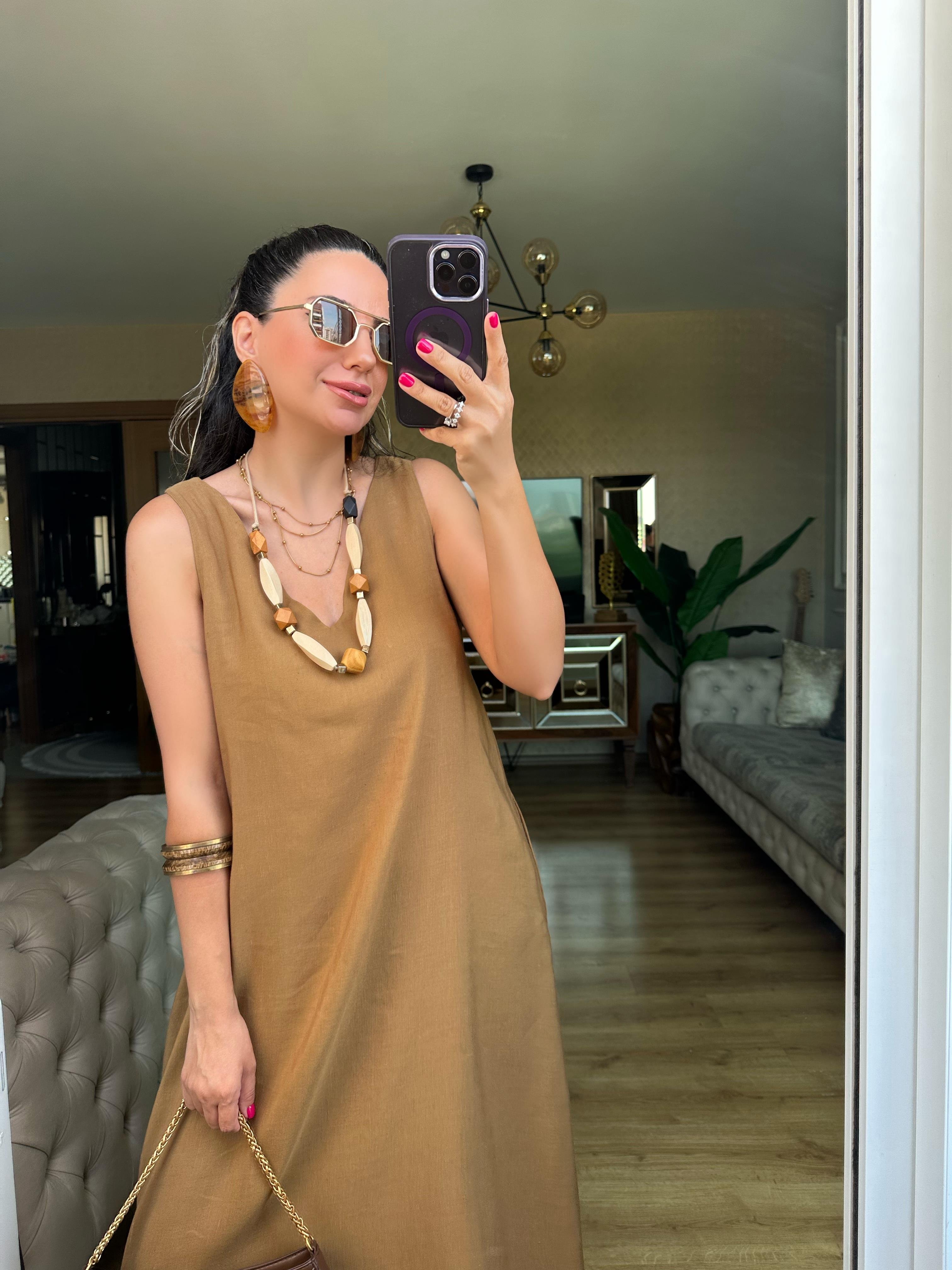 Kahve Lastik Askılı Keten Elbise