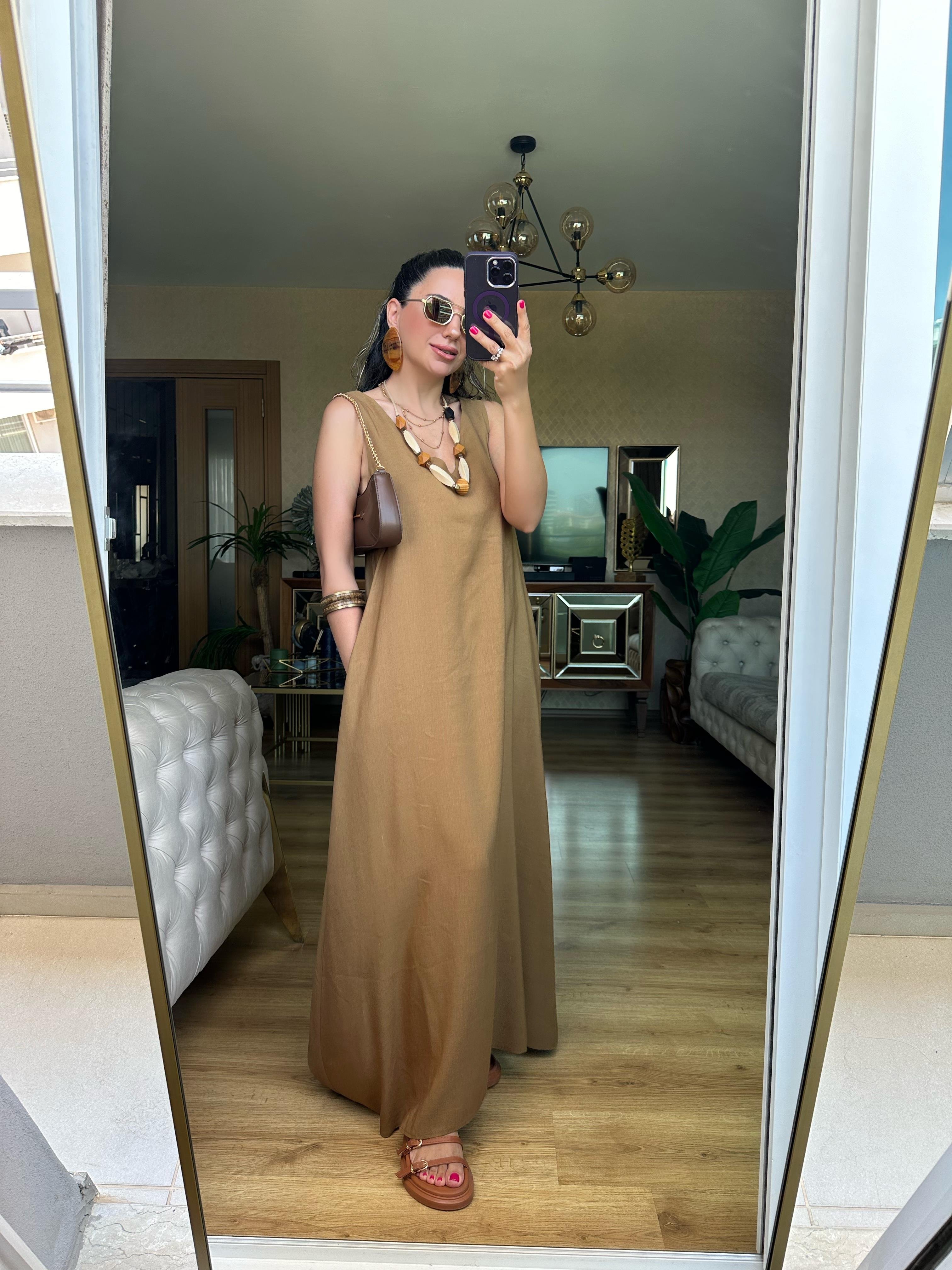 Kahve Lastik Askılı Keten Elbise