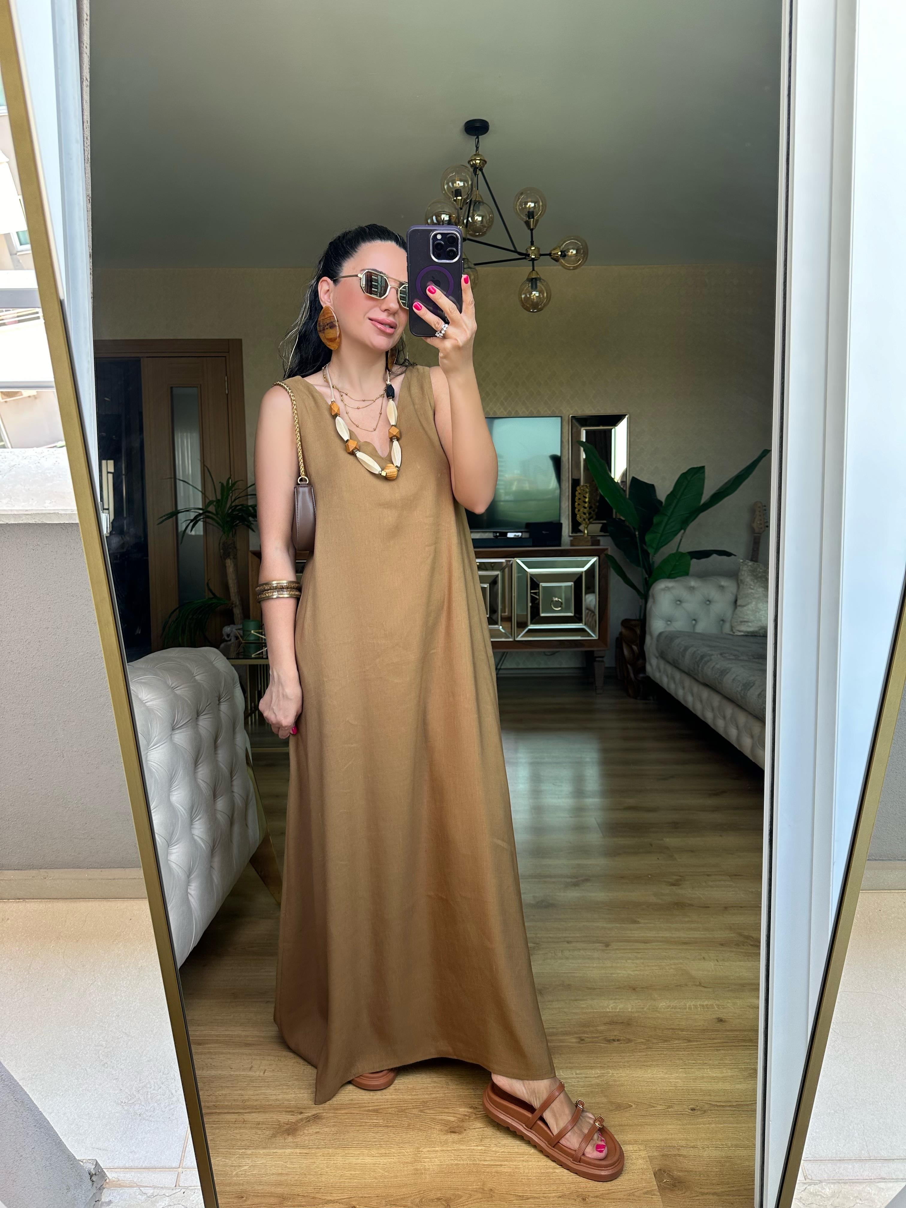 Kahve Lastik Askılı Keten Elbise