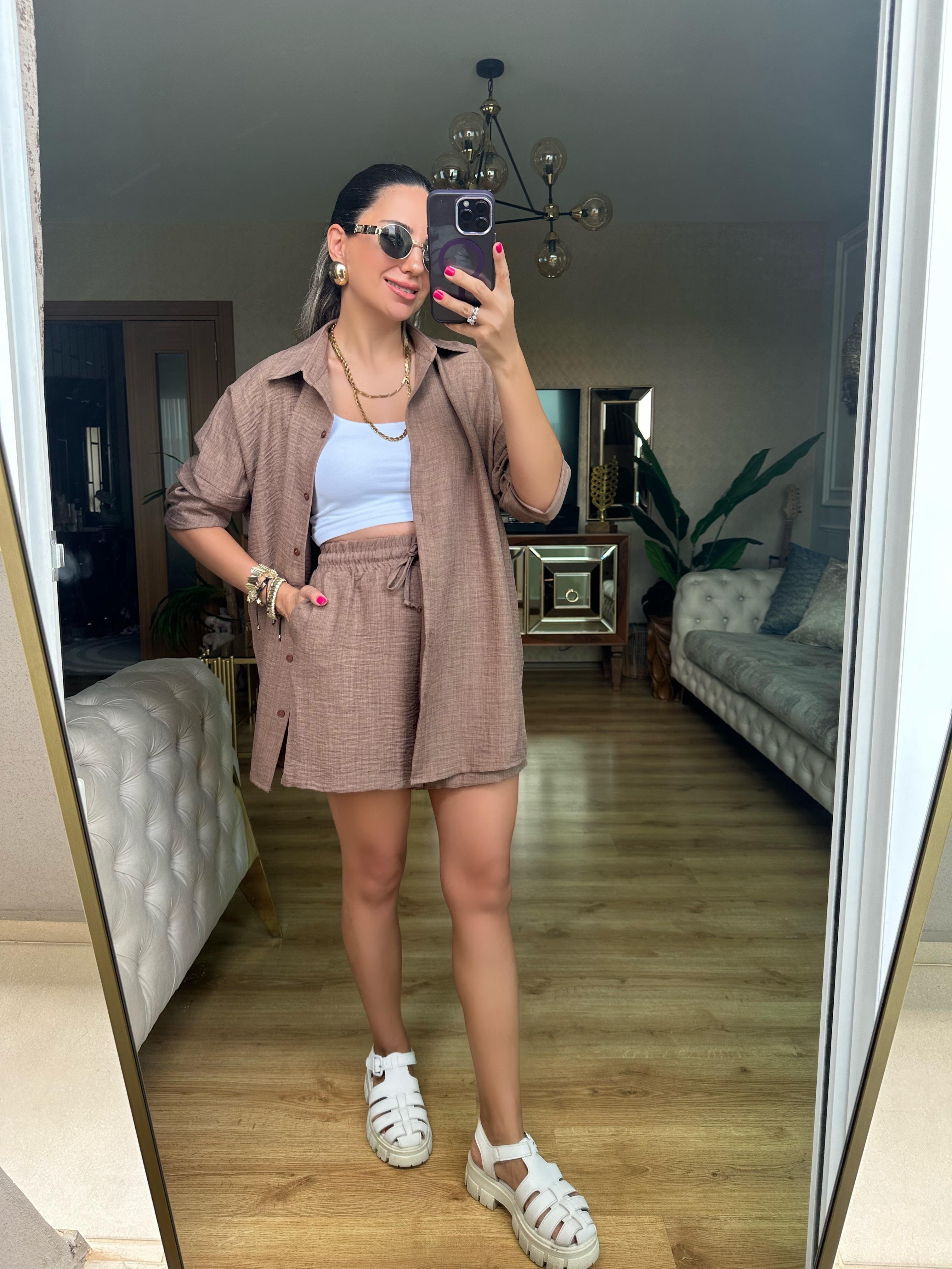 Kahve Orj Marka Şort Gömlek Takım