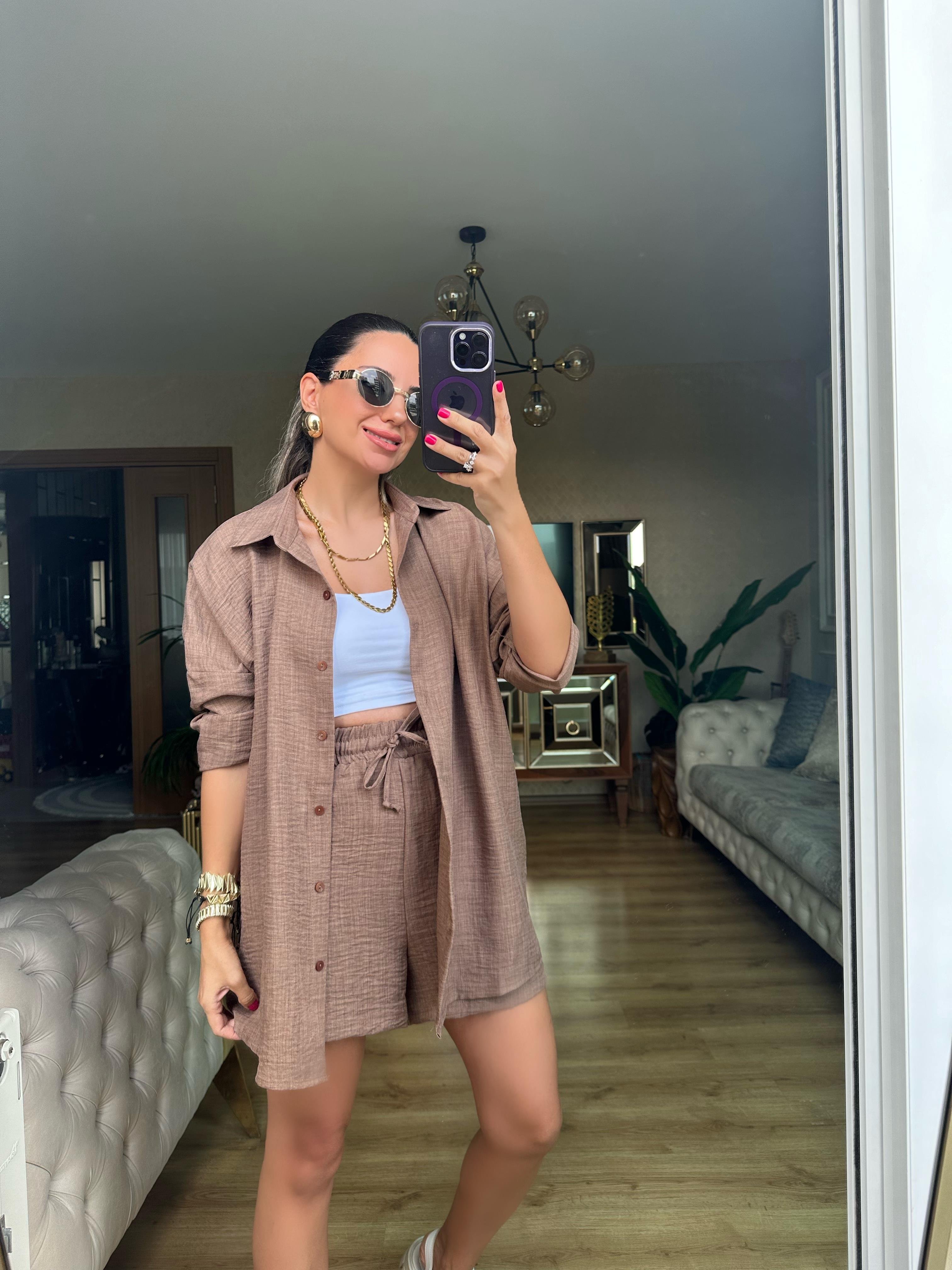 Kahve Orj Marka Şort Gömlek Takım