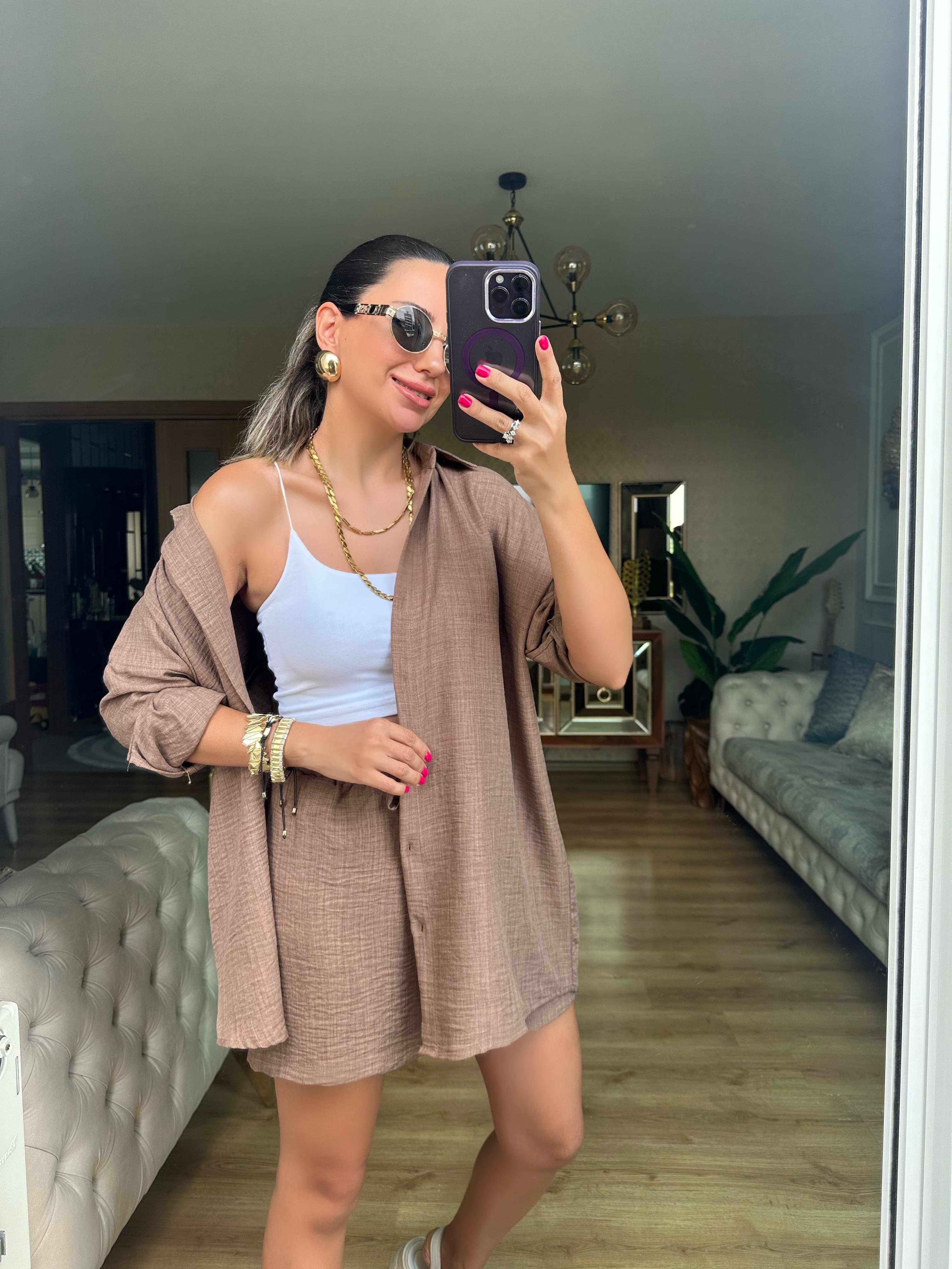 Kahve Orj Marka Şort Gömlek Takım