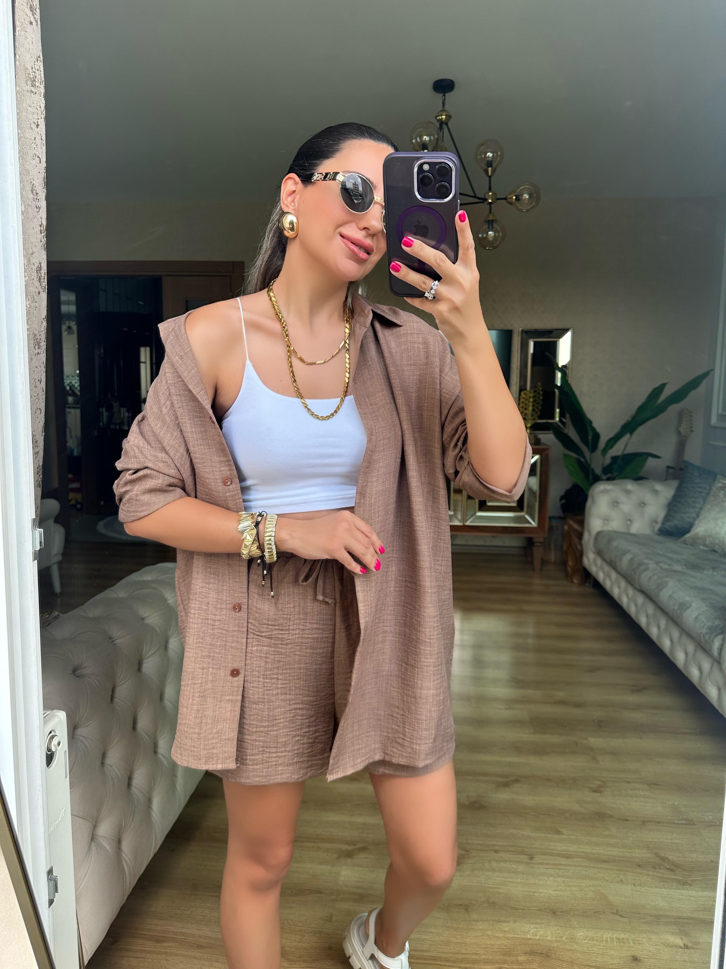 Kahve Orj Marka Şort Gömlek Takım