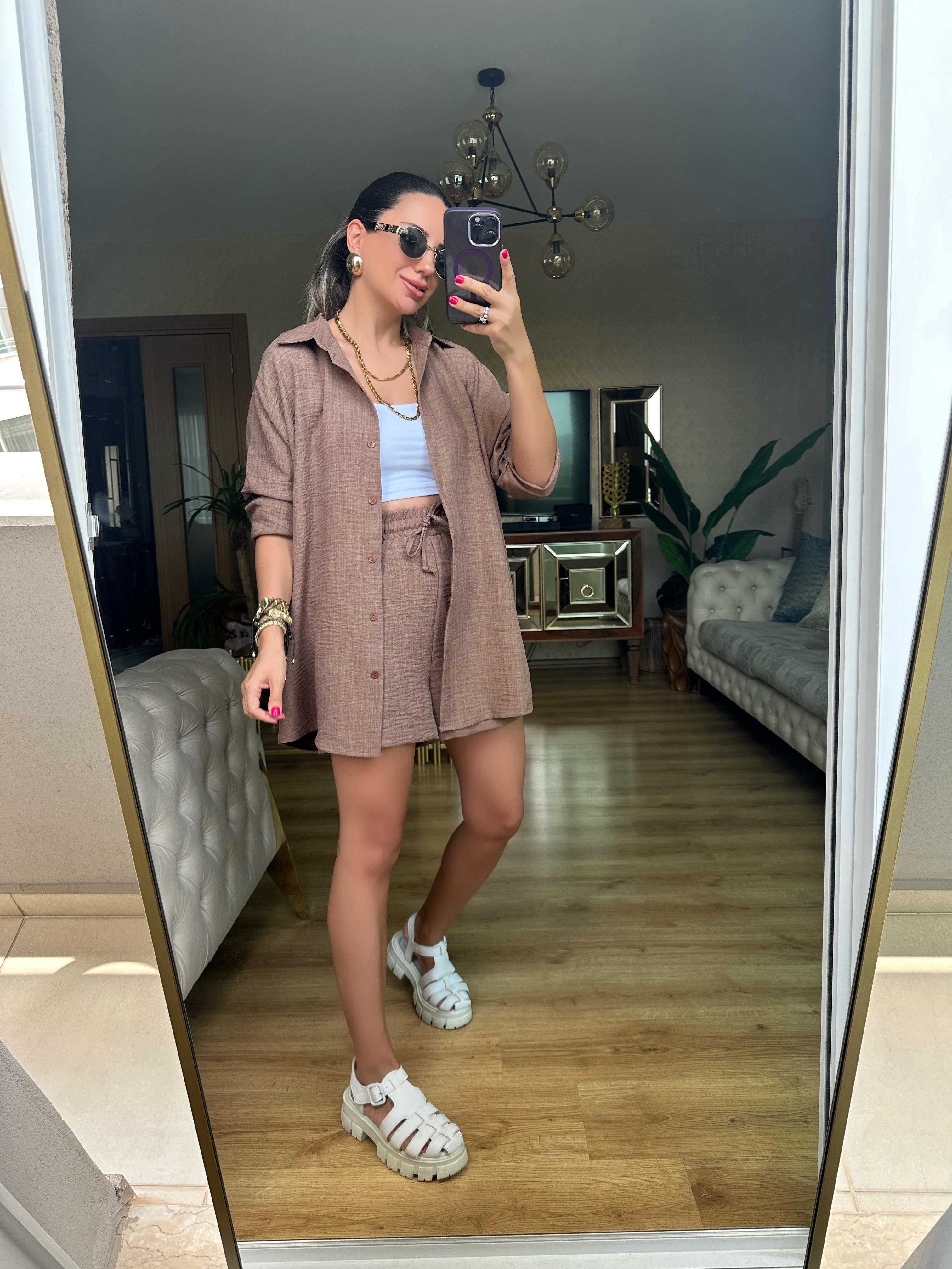 Kahve Orj Marka Şort Gömlek Takım