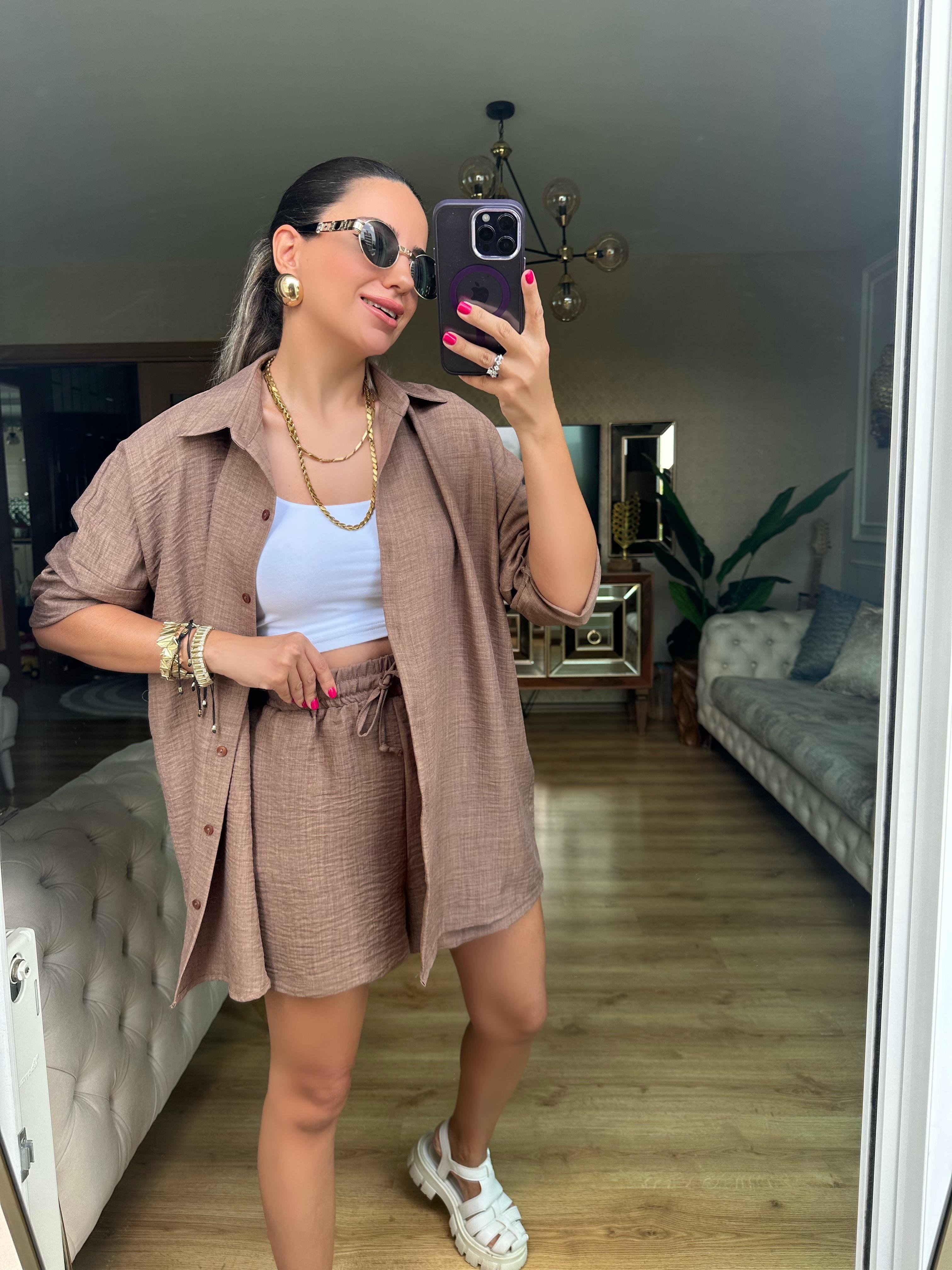 Kahve Orj Marka Şort Gömlek Takım