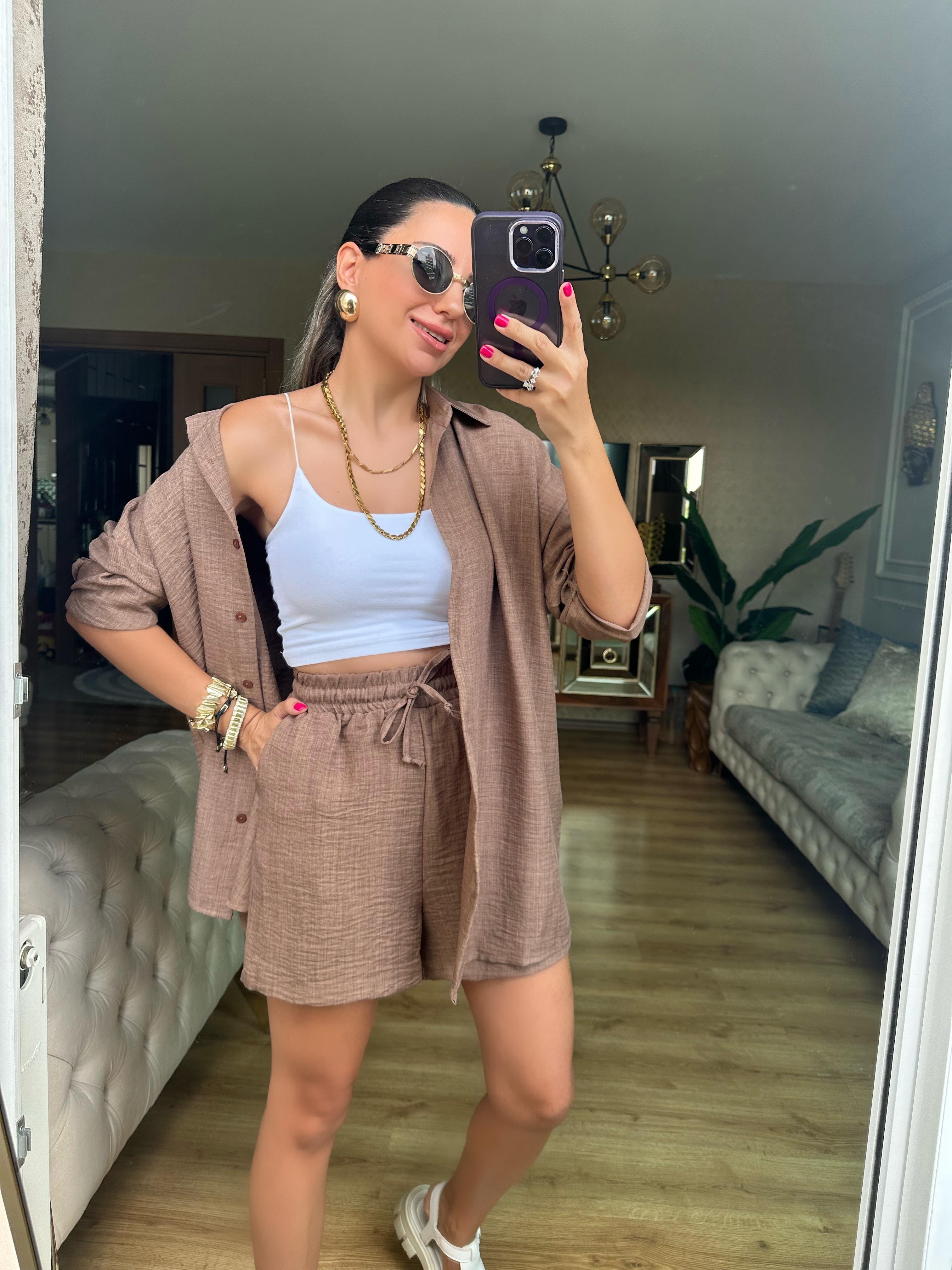 Kahve Orj Marka Şort Gömlek Takım