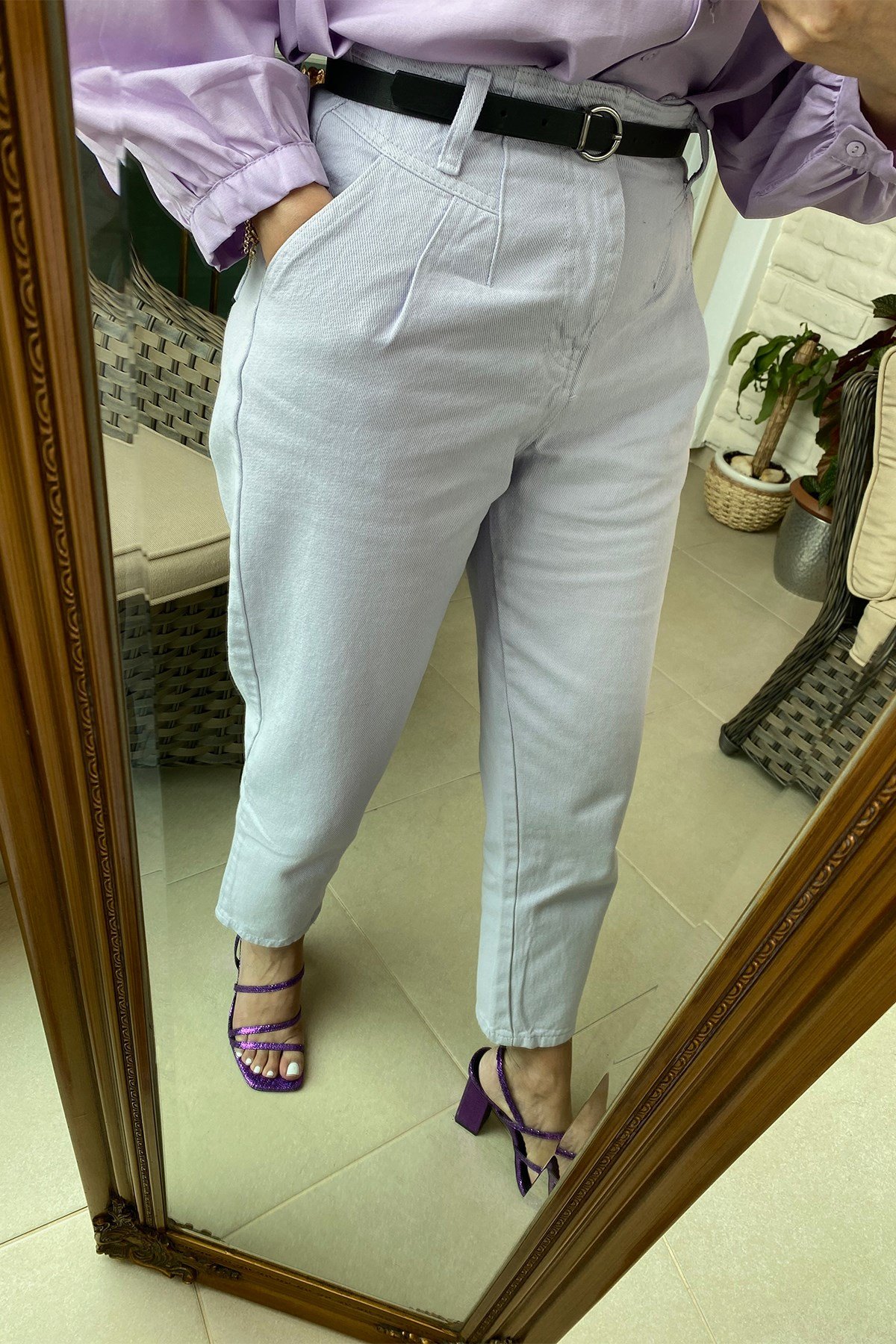Kemerli Lila Pantolon