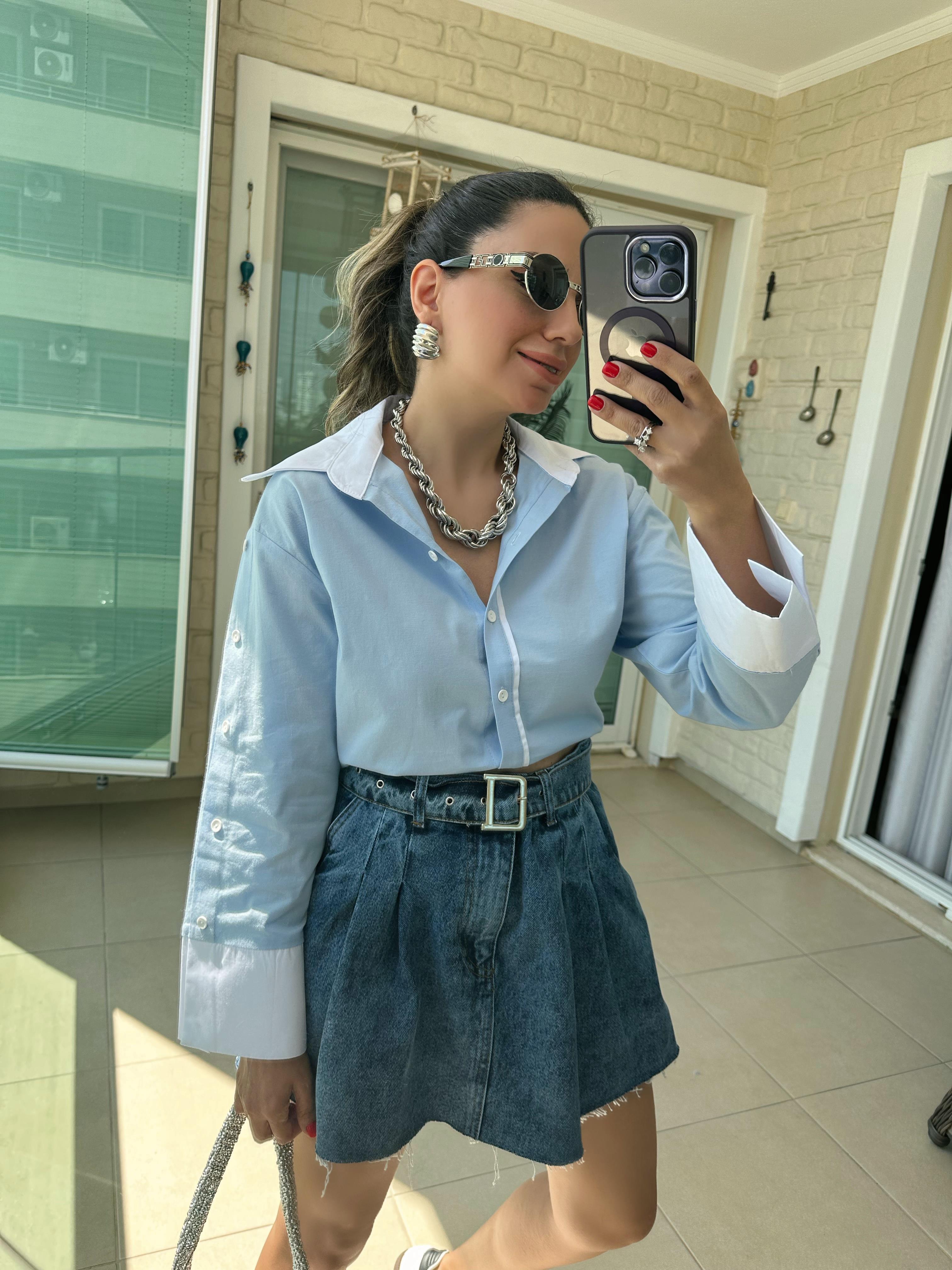 Kemerli Pileli Denim Etek