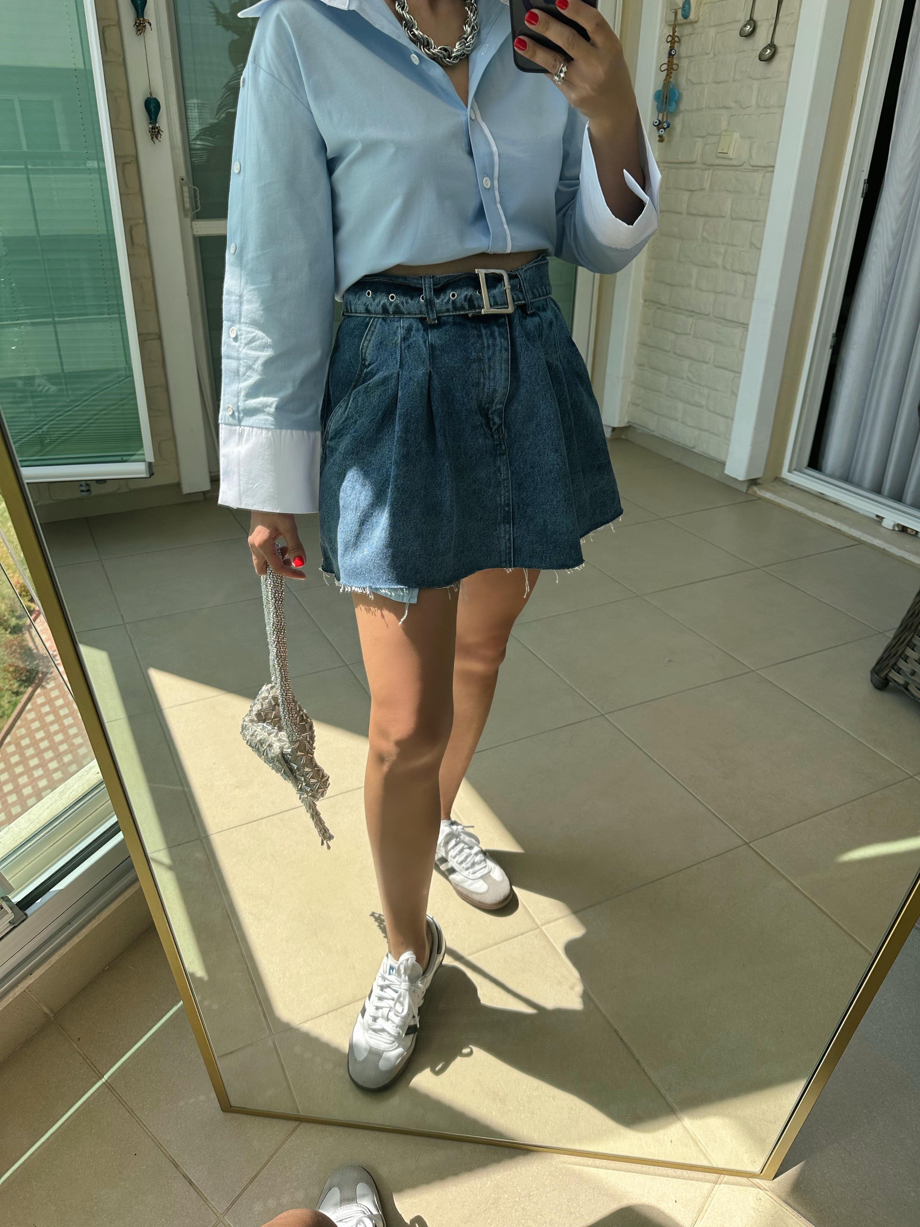 Kemerli Pileli Denim Etek