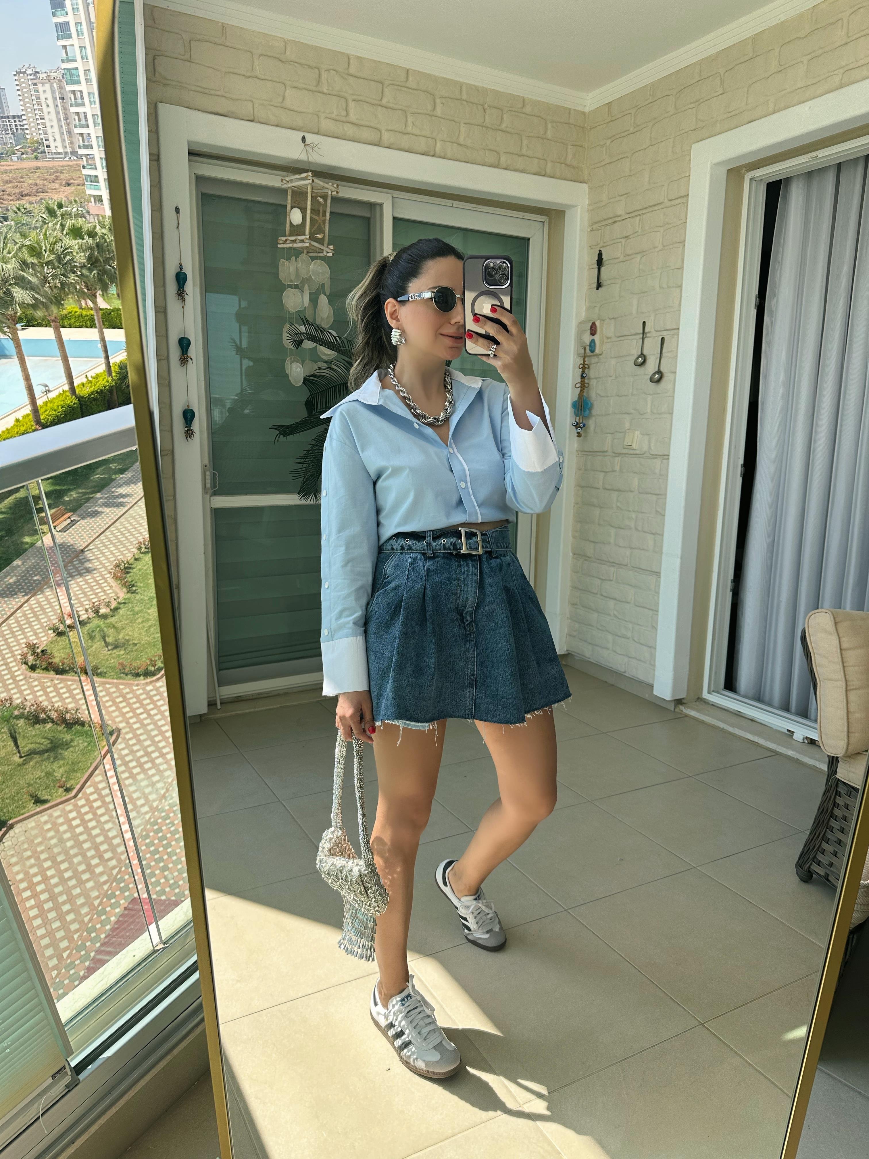 Kemerli Pileli Denim Etek