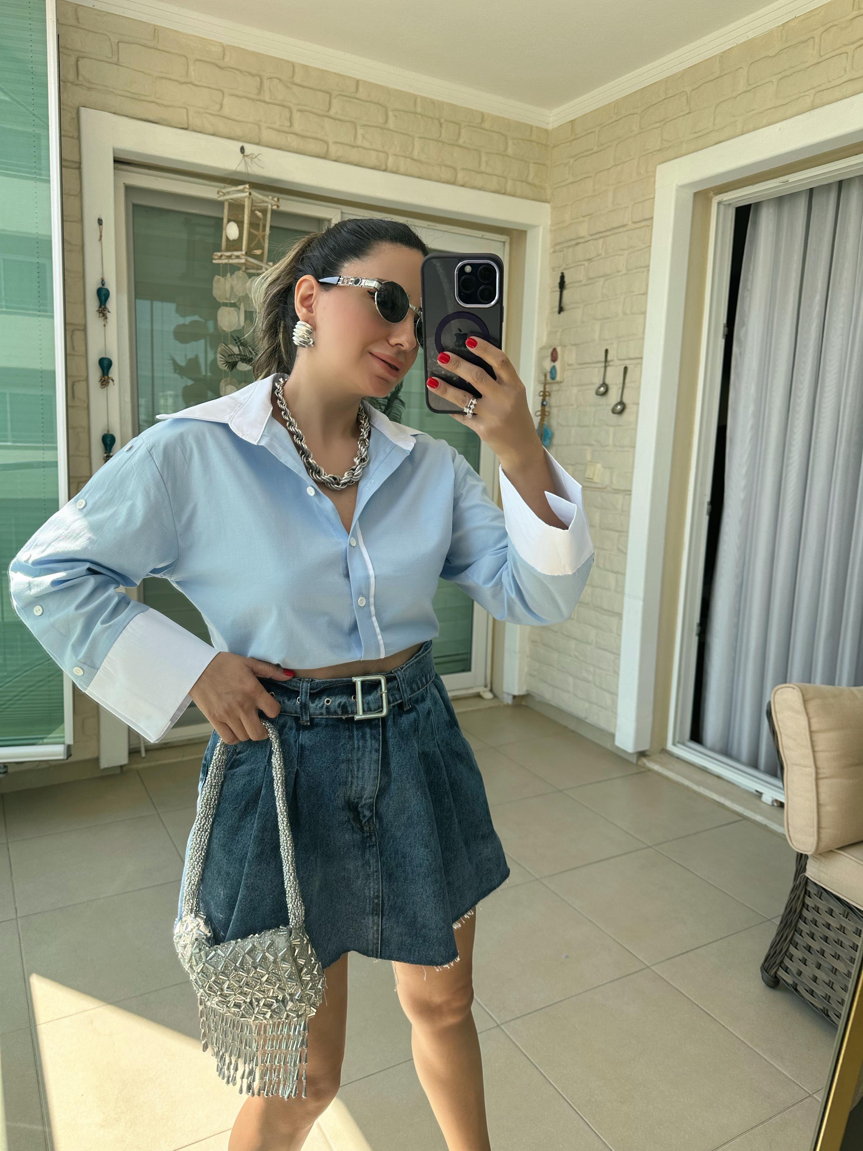 Kemerli Pileli Denim Etek