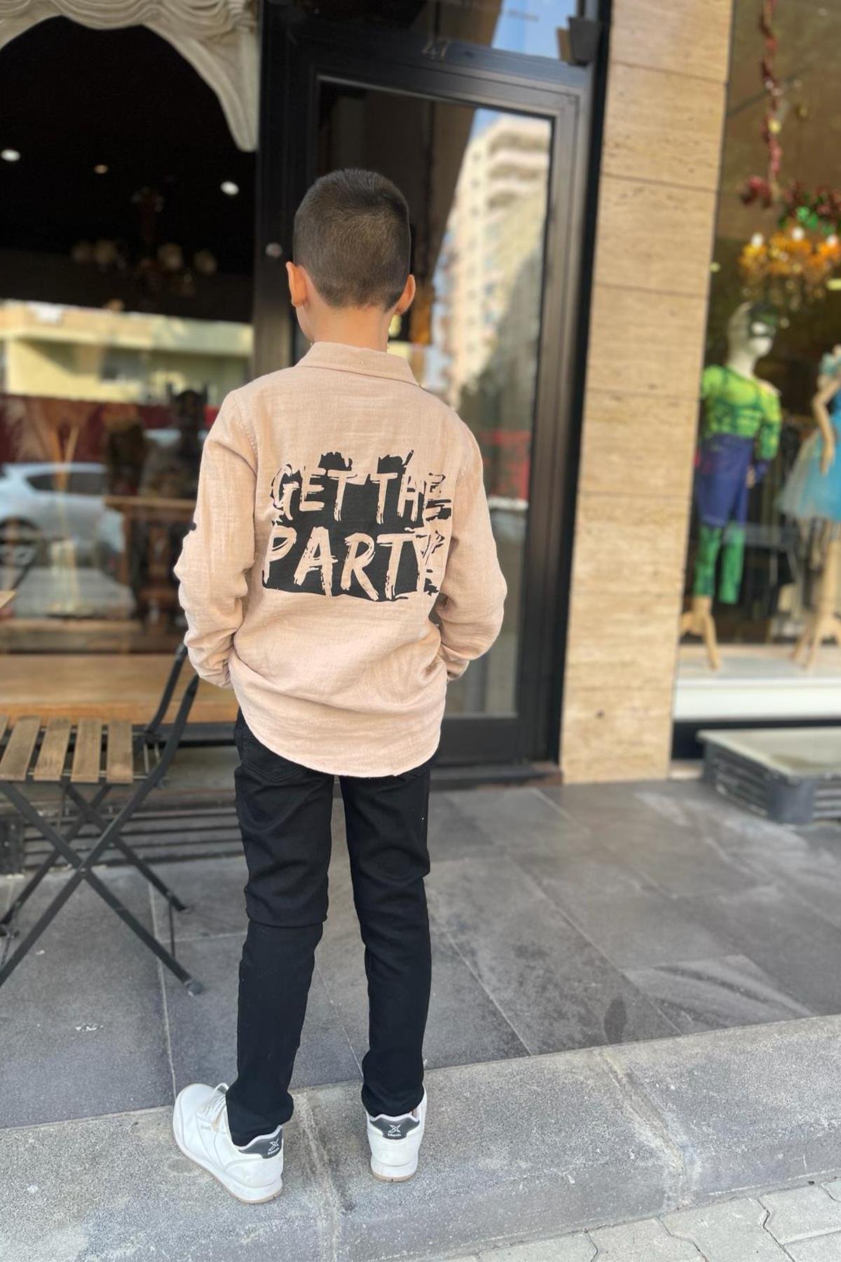 Kids Arkası Baskılı Bej Erkek Gömlek
