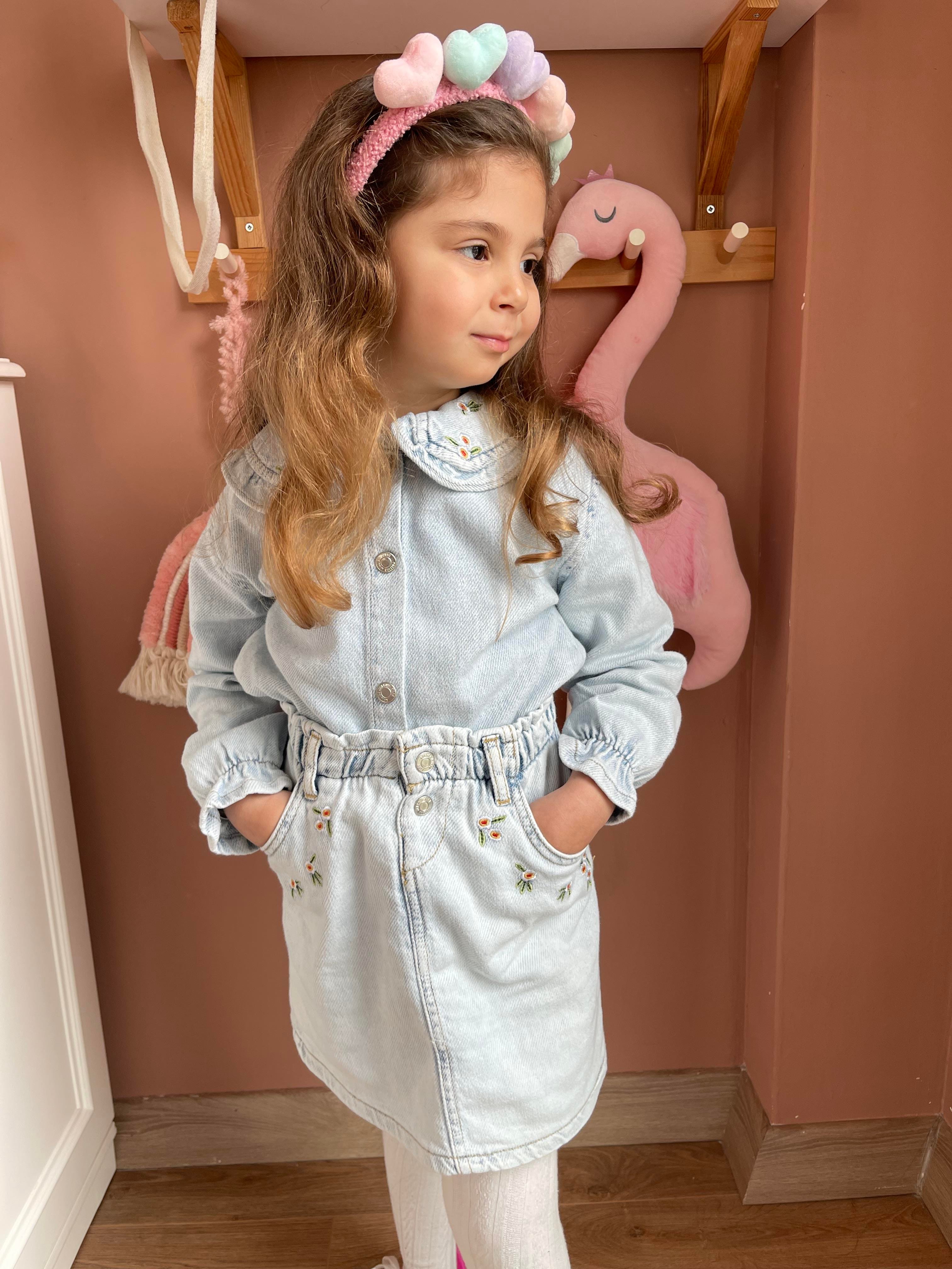 Kids Çiçek Desenli Etek Kot Gömlek Takım