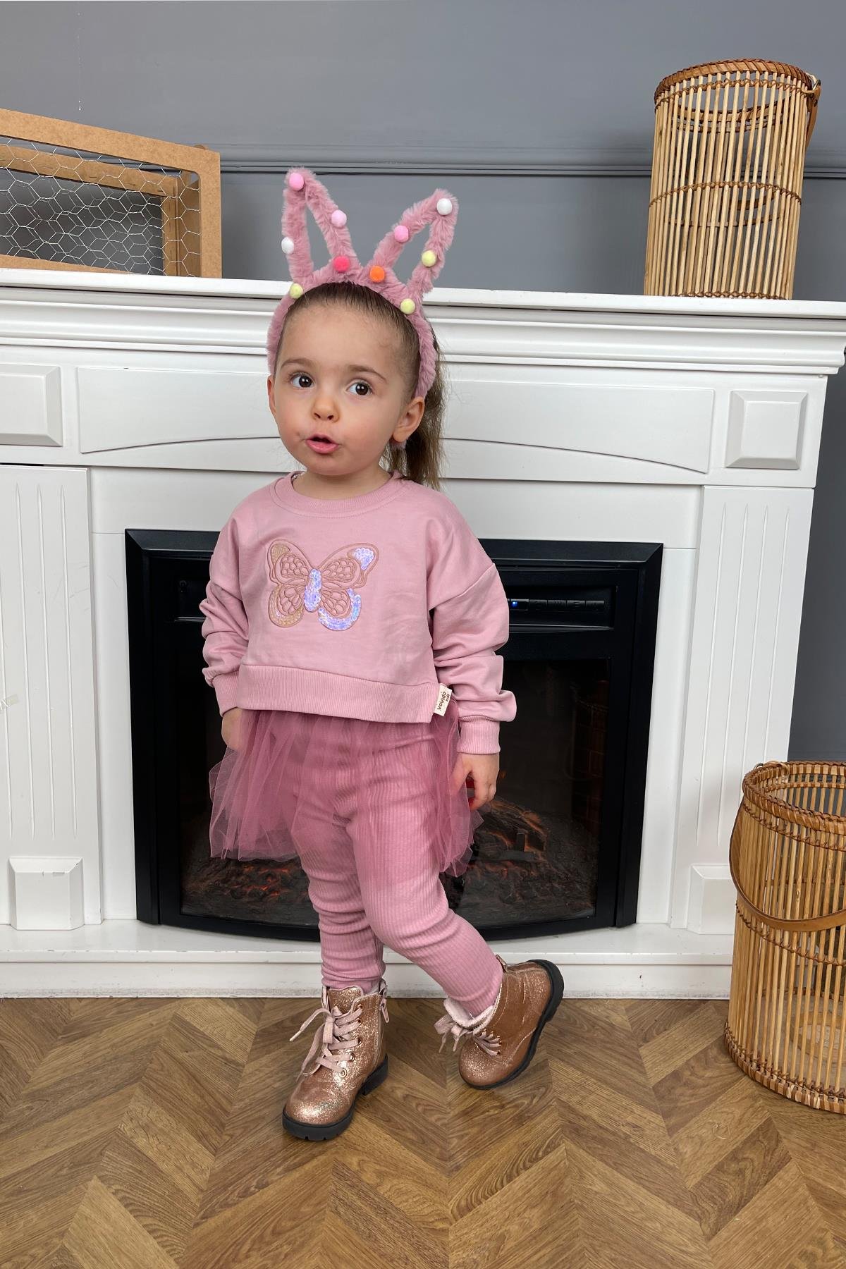 Kids Gülkurusu Kelebekli Tüllü Tayt Takım