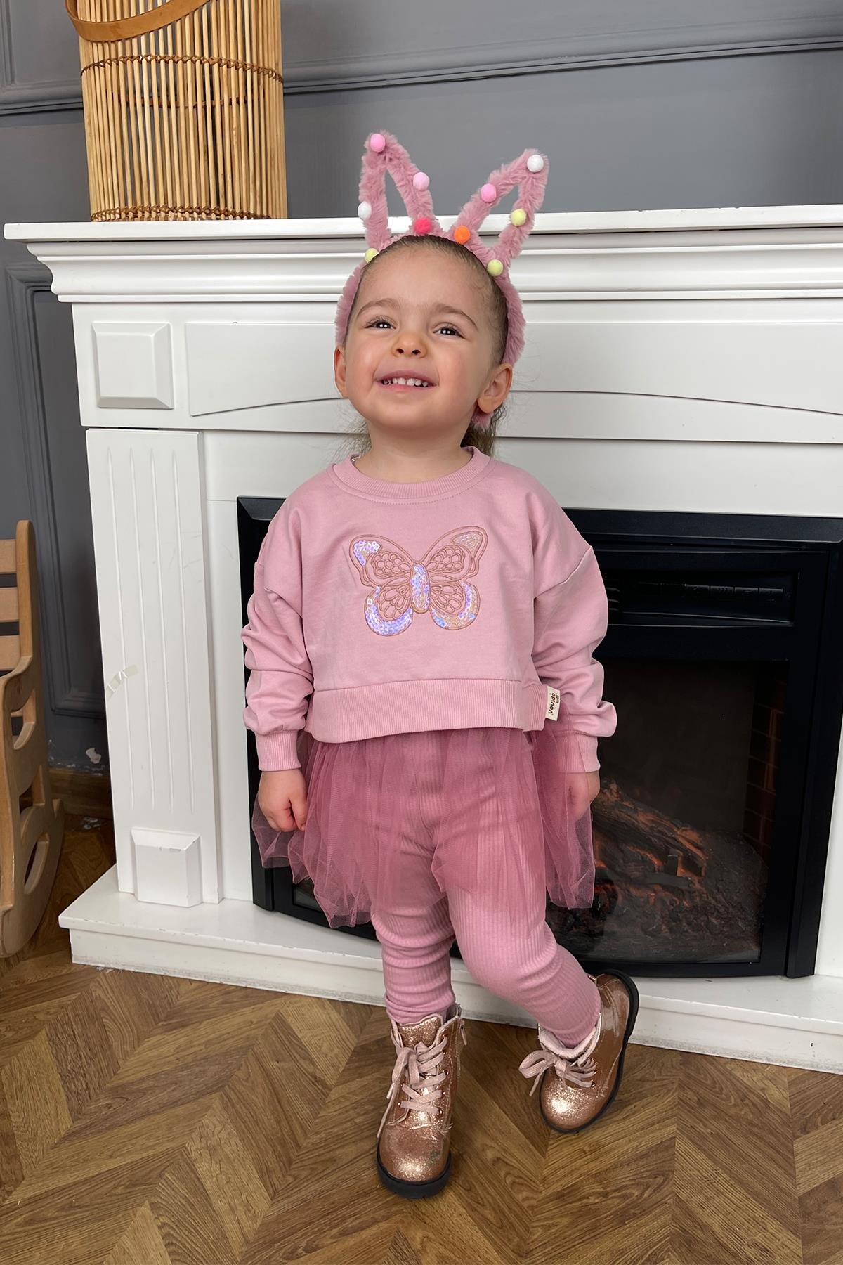 Kids Gülkurusu Kelebekli Tüllü Tayt Takım