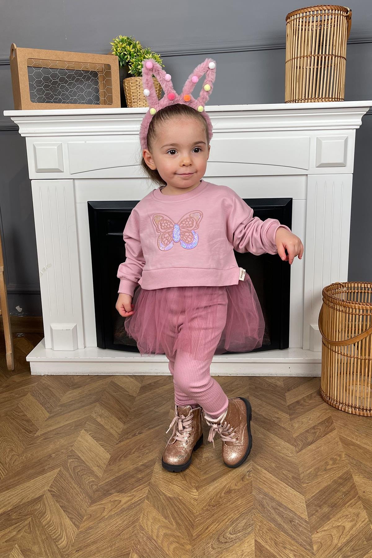 Kids Gülkurusu Kelebekli Tüllü Tayt Takım