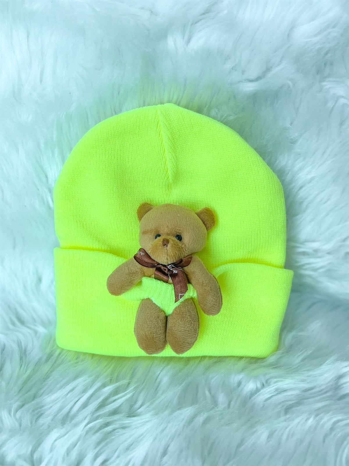 Kids Neon Sarı Ayıcıklı Bere