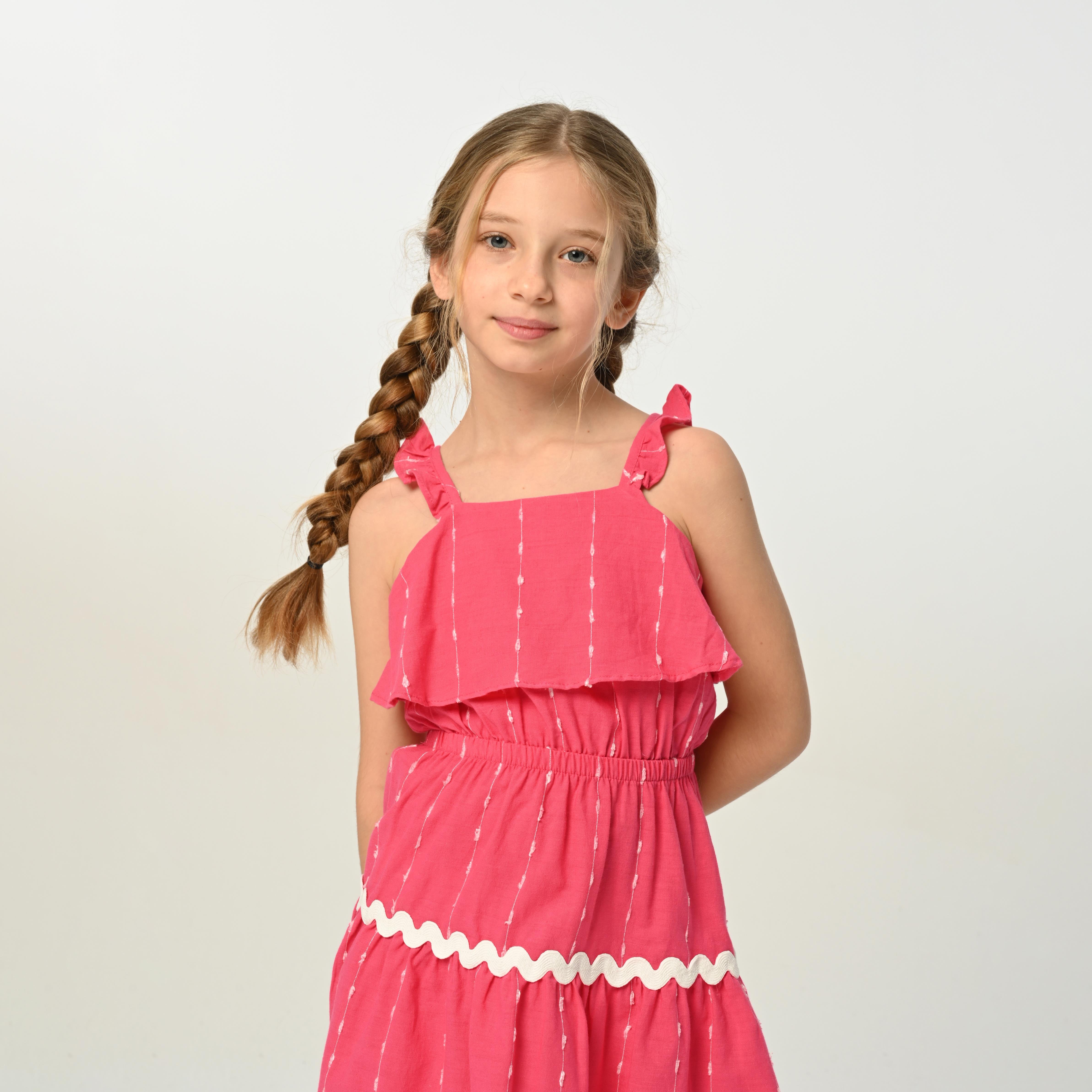 Kids Pembe Beyaz Şerit Detaylı Elbise