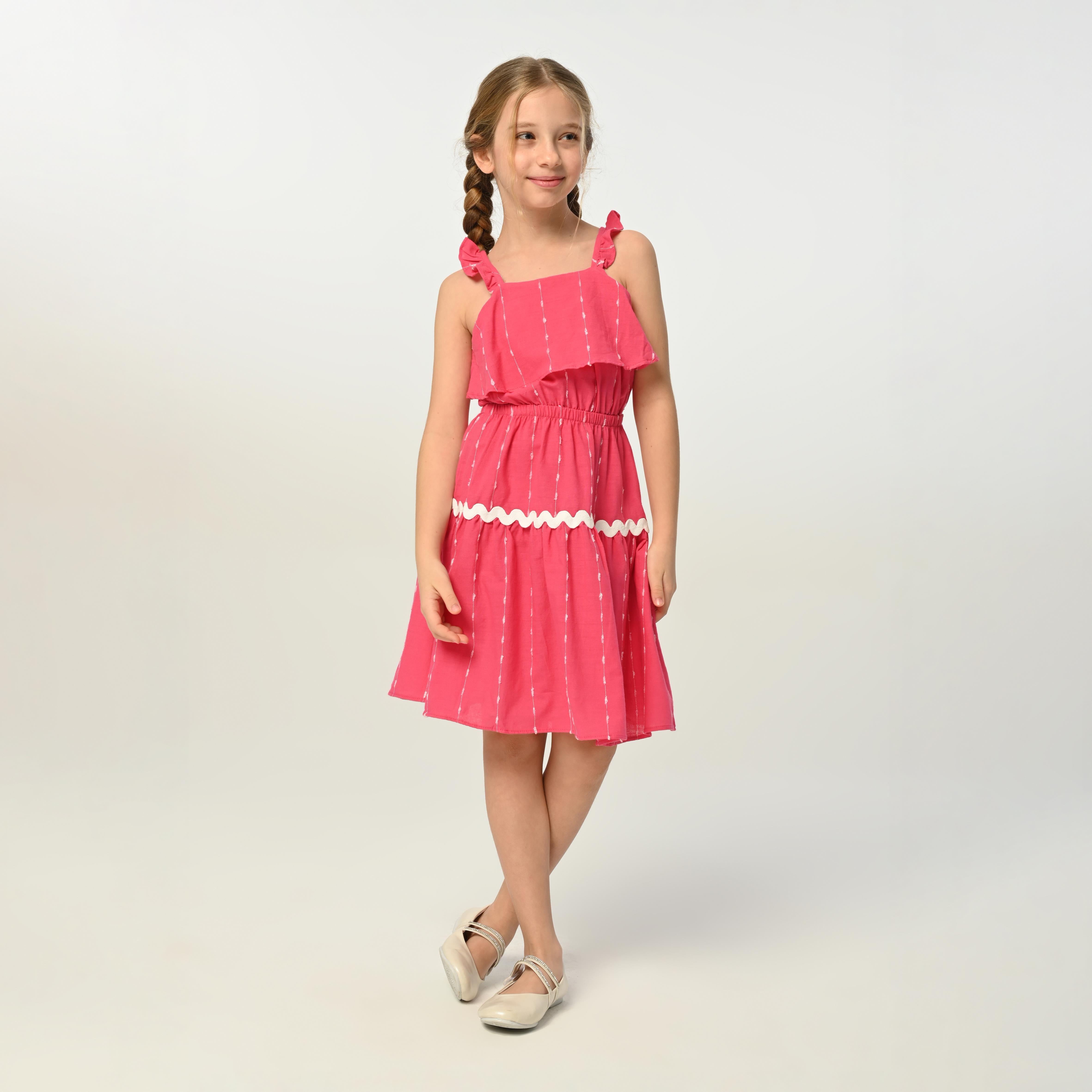 Kids Pembe Beyaz Şerit Detaylı Elbise