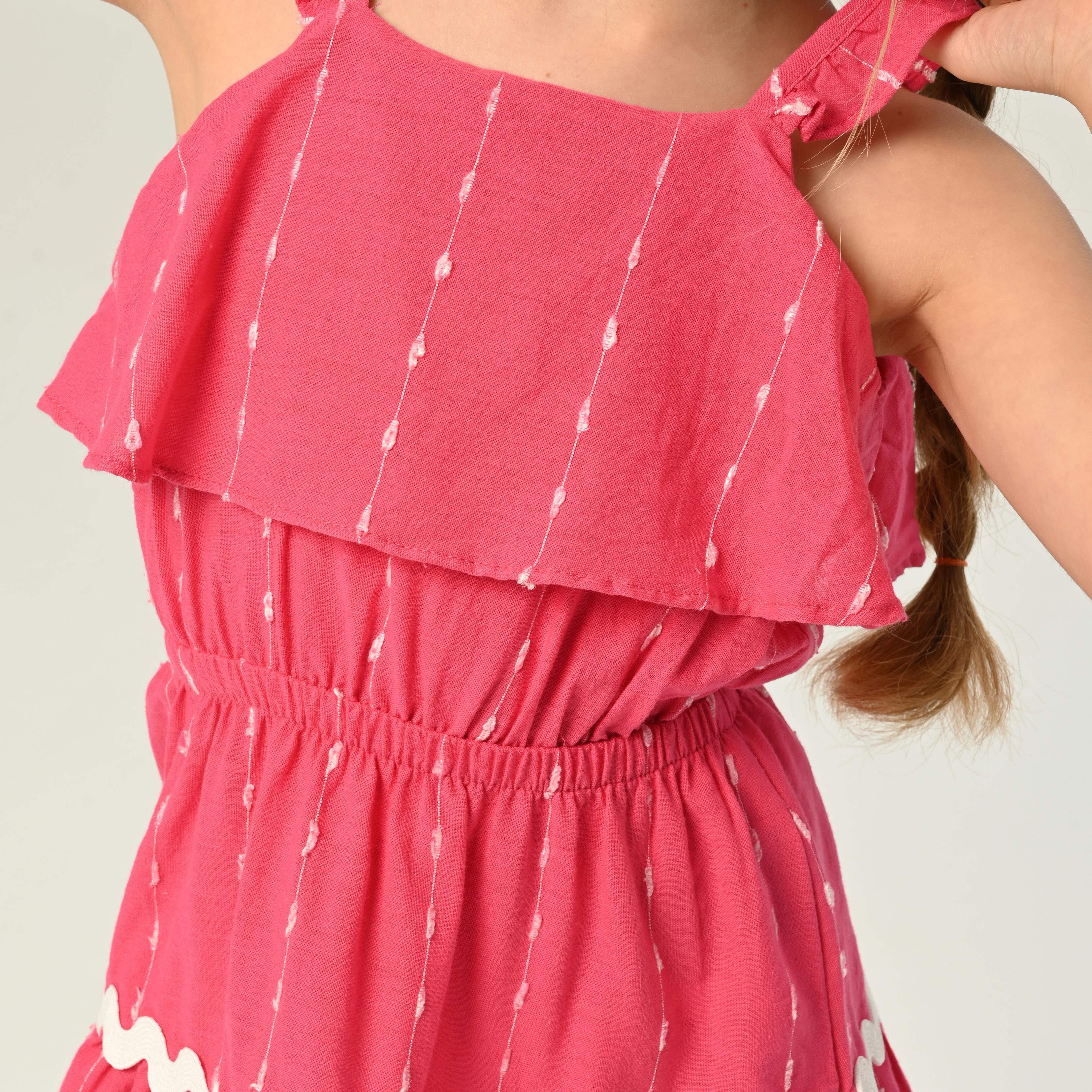 Kids Pembe Beyaz Şerit Detaylı Elbise