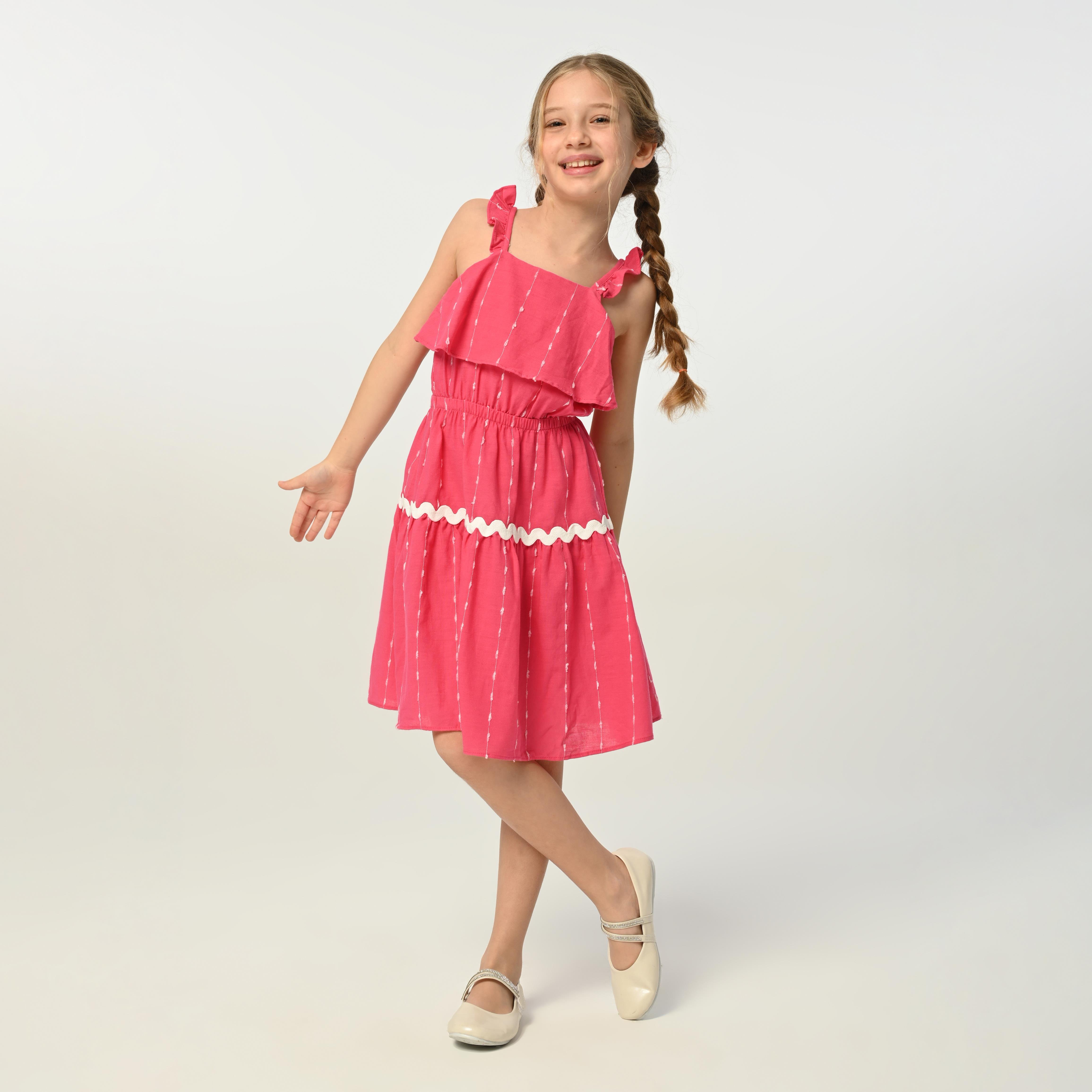 Kids Pembe Beyaz Şerit Detaylı Elbise