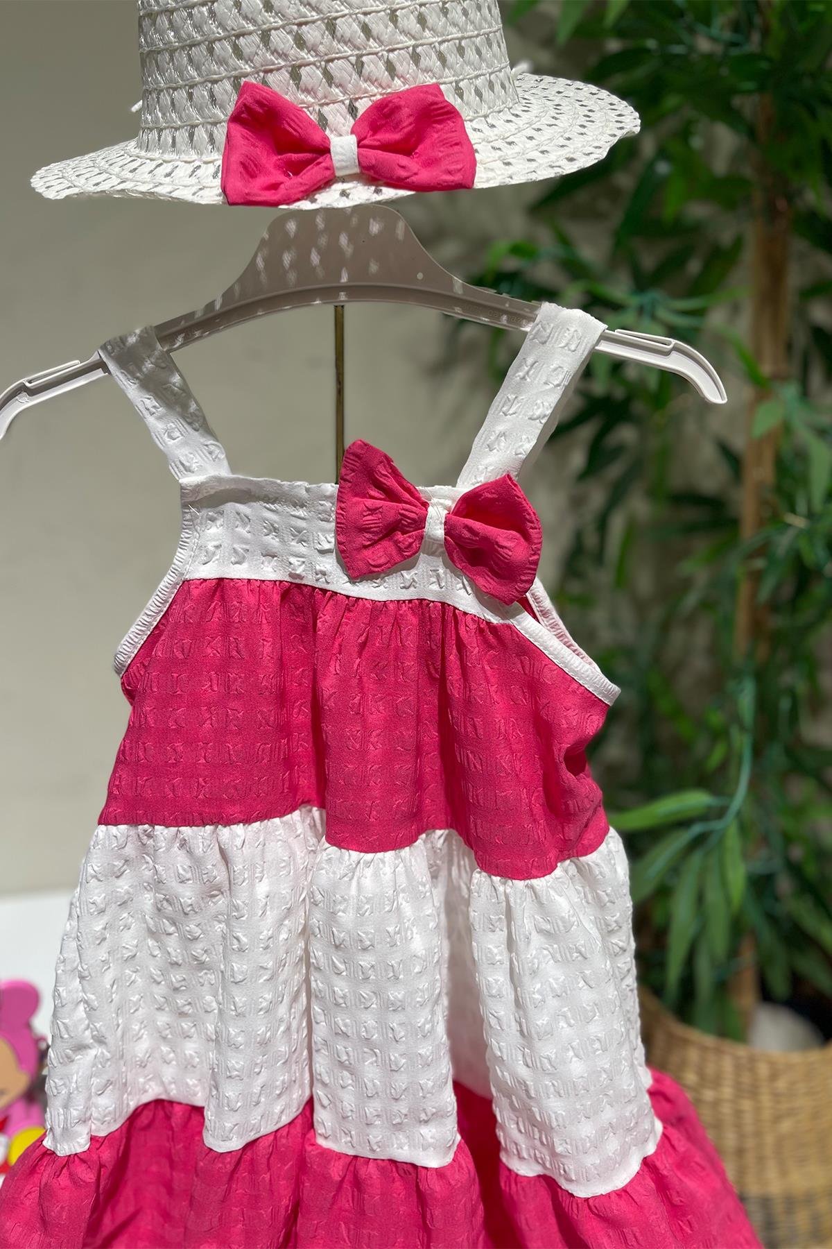 Kids Pembe Gofre Kumaş Şapkalı Elbise