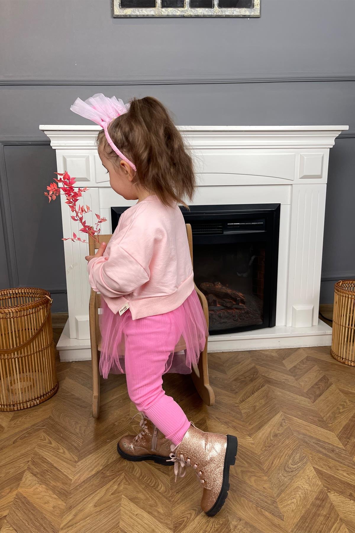 Kids Pembe Kelebekli Tüllü Tayt Takım
