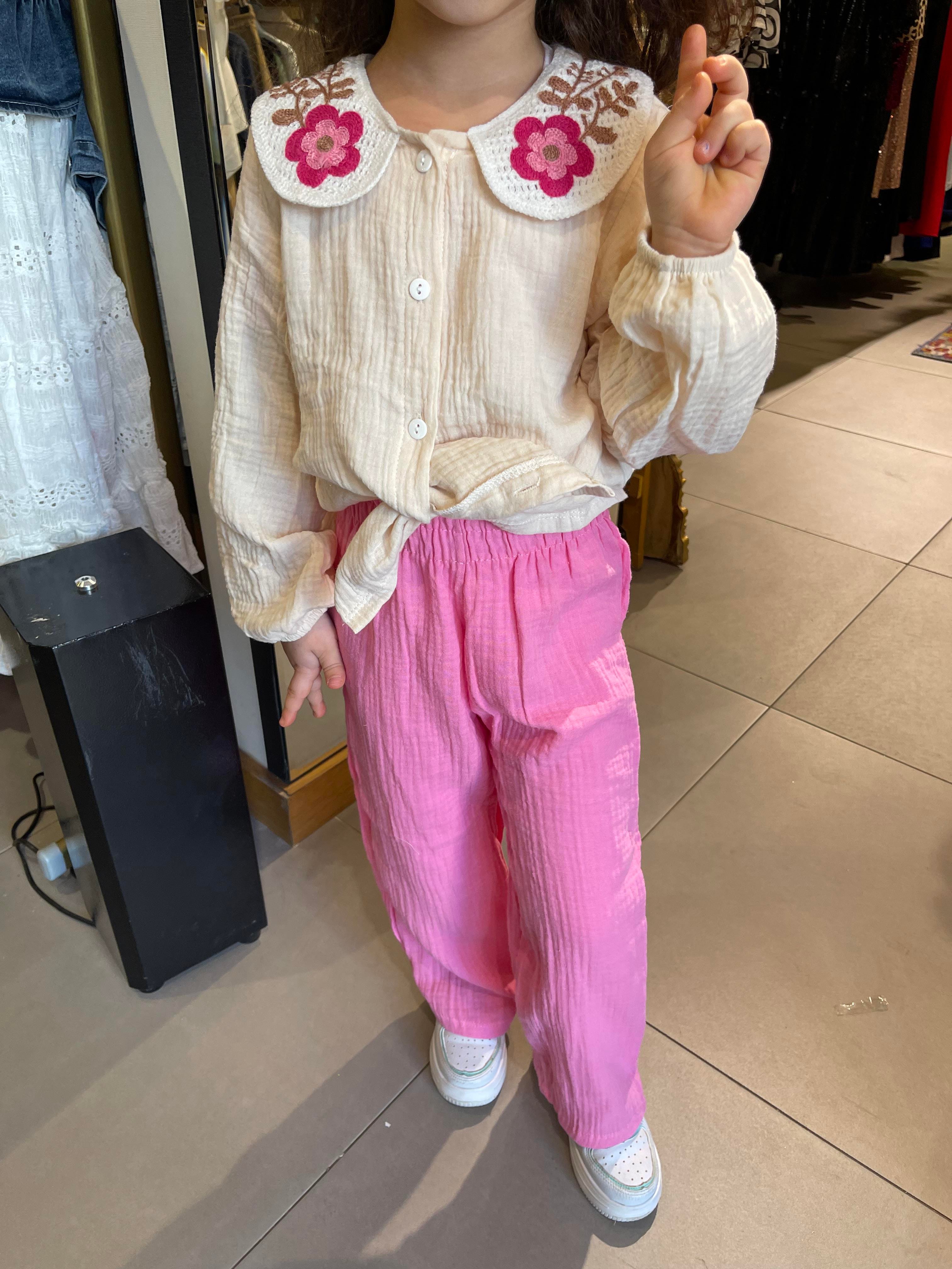 Kids Pembe Pantolonlu Müslin Kız Takım