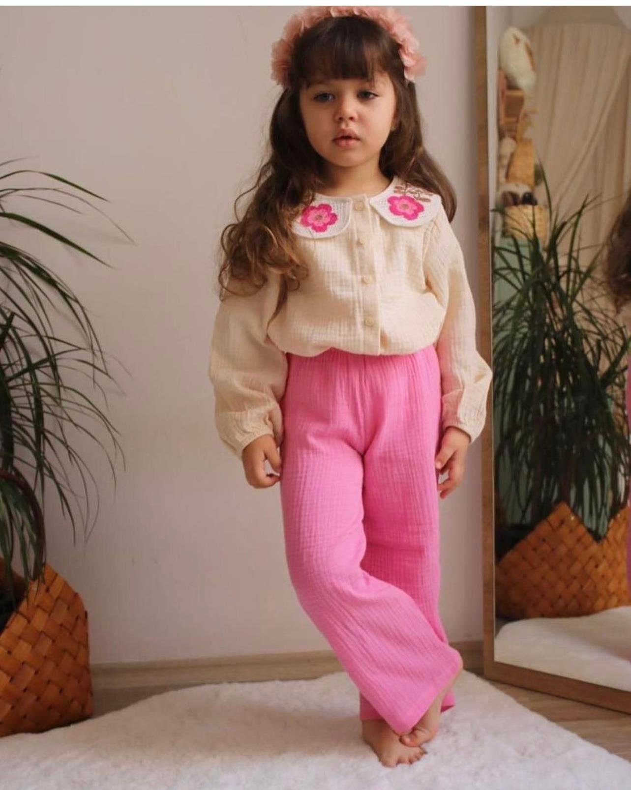 Kids Pembe Pantolonlu Müslin Kız Takım