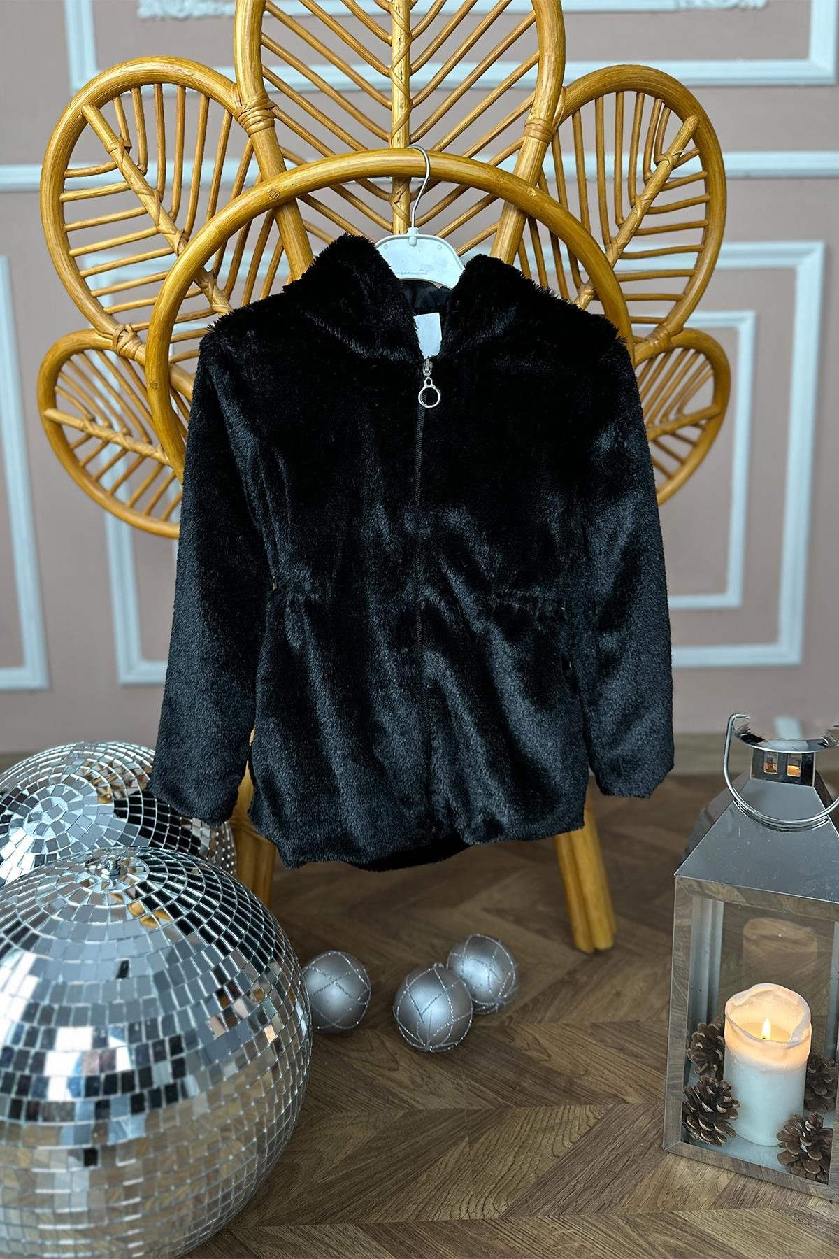 Kids Siyah Büzgülü Peluş Mont