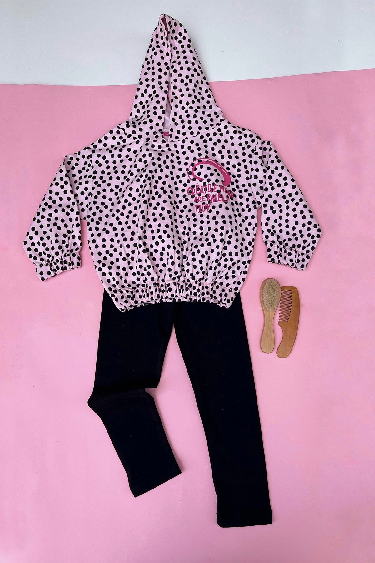 Kids Siyah Puantiyeli Pembe Kapşonlu Sweatshirt