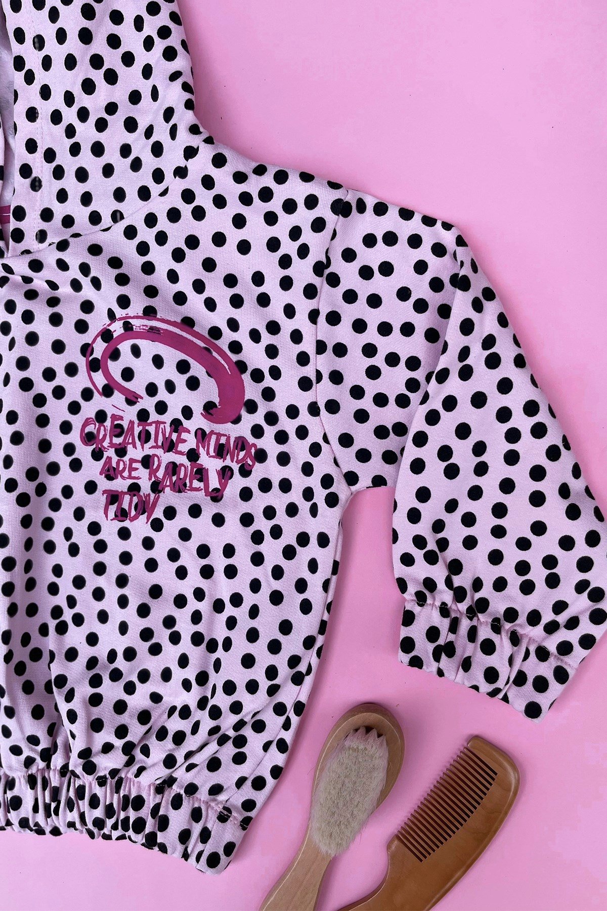 Kids Siyah Puantiyeli Pembe Kapşonlu Sweatshirt