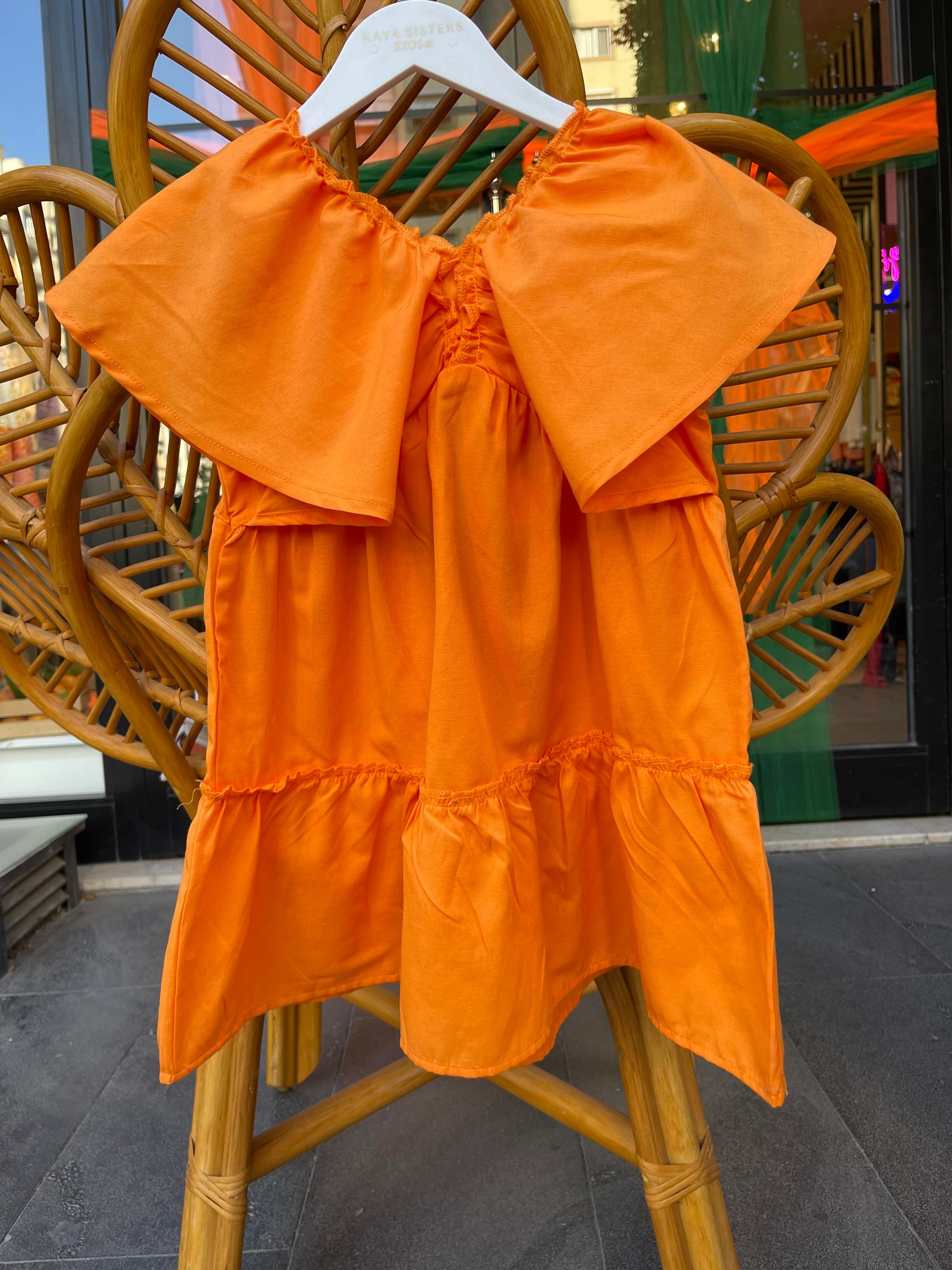 Kids Turuncu Kolları Volanlı Poplin Elbise