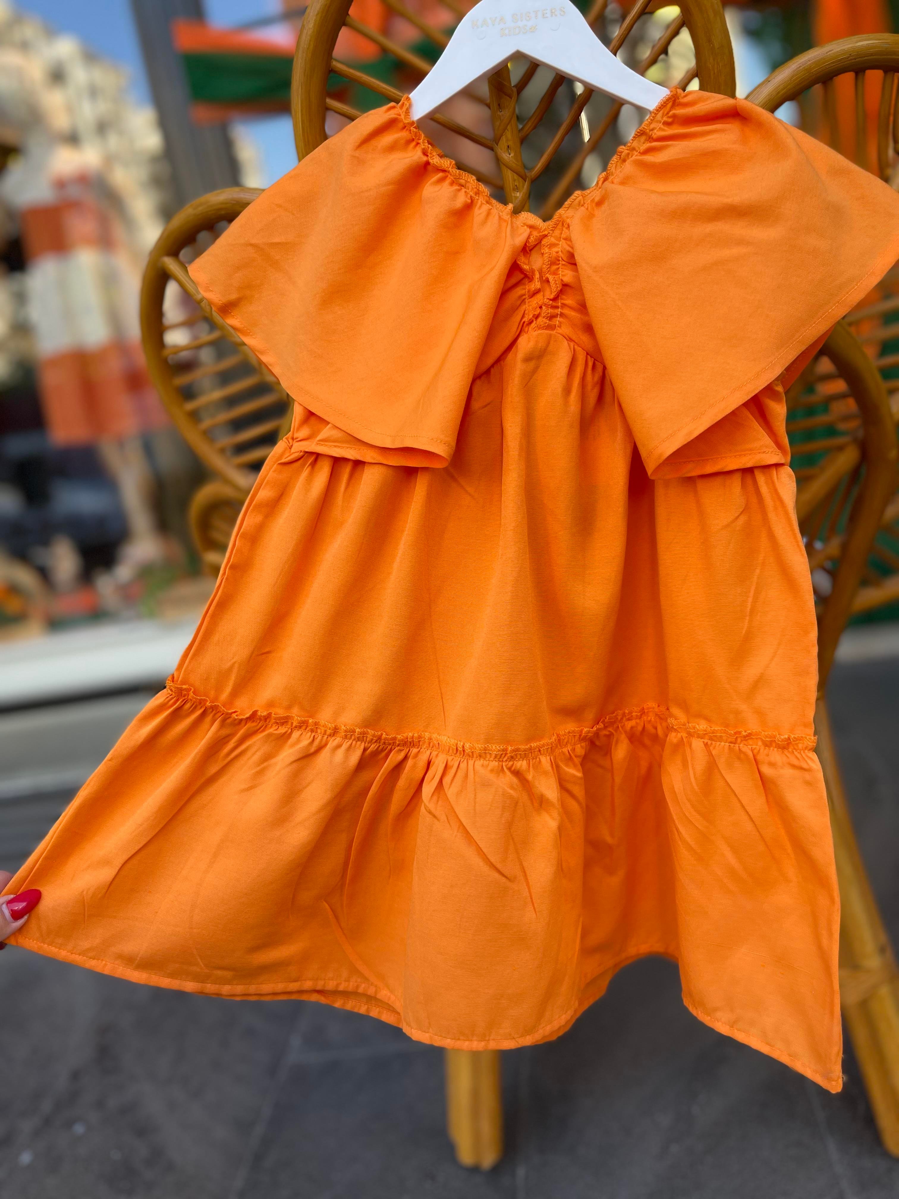 Kids Turuncu Kolları Volanlı Poplin Elbise