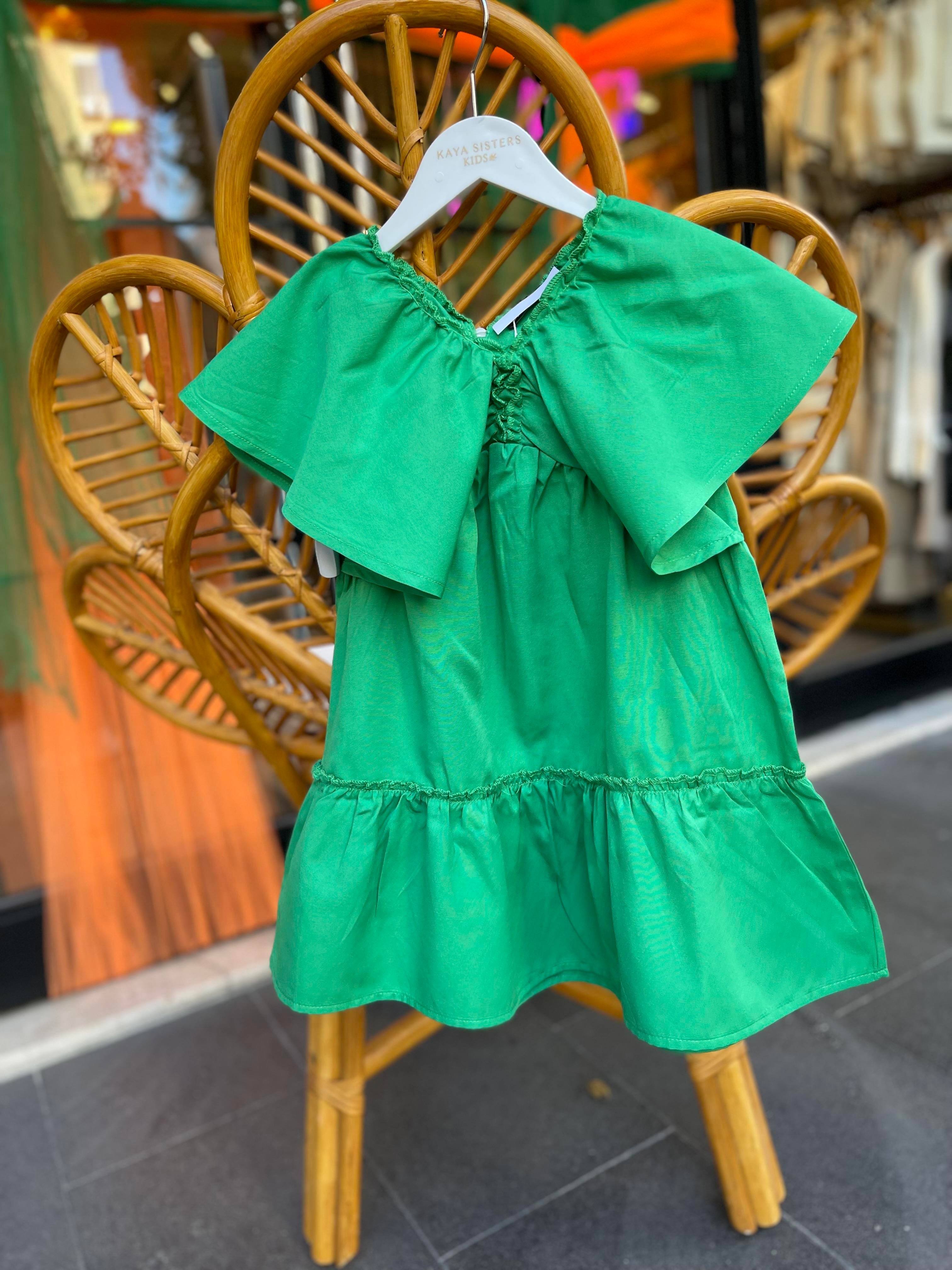 Kids Yeşil Kolları Volanlı Poplin Elbise