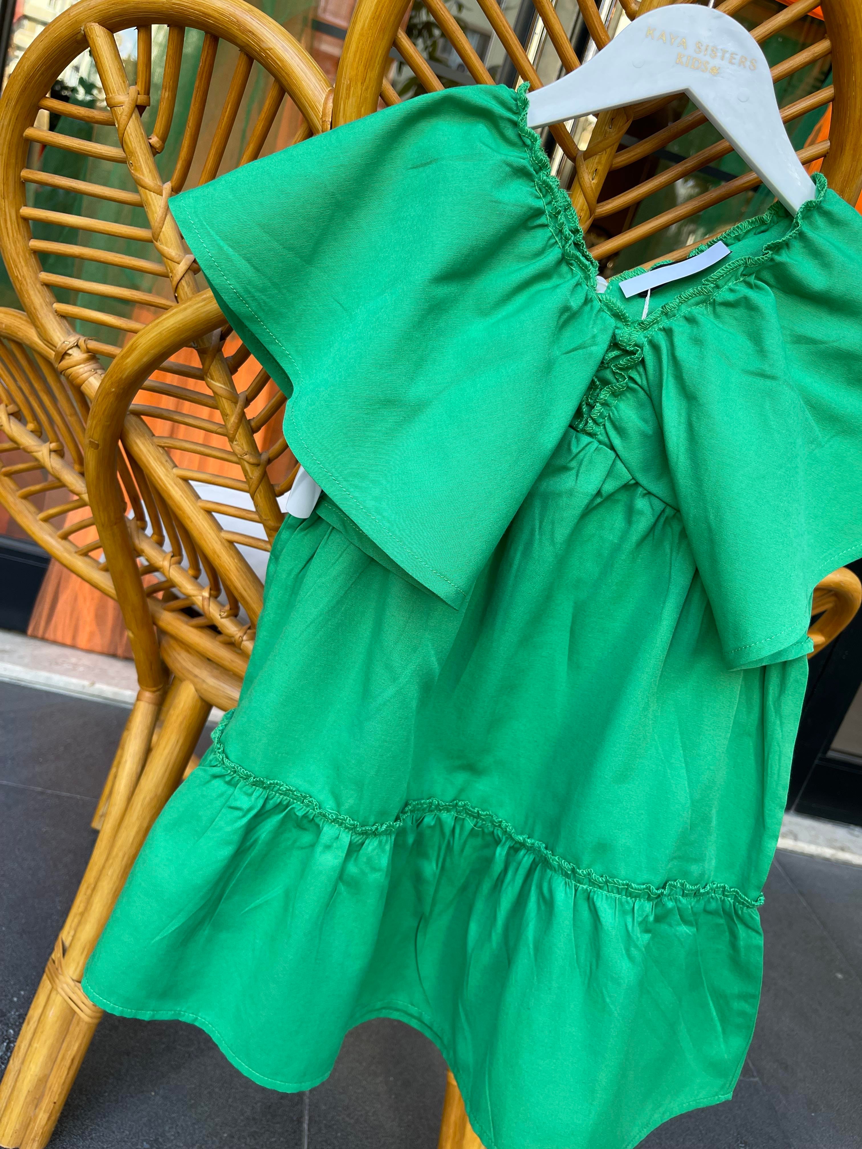 Kids Yeşil Kolları Volanlı Poplin Elbise