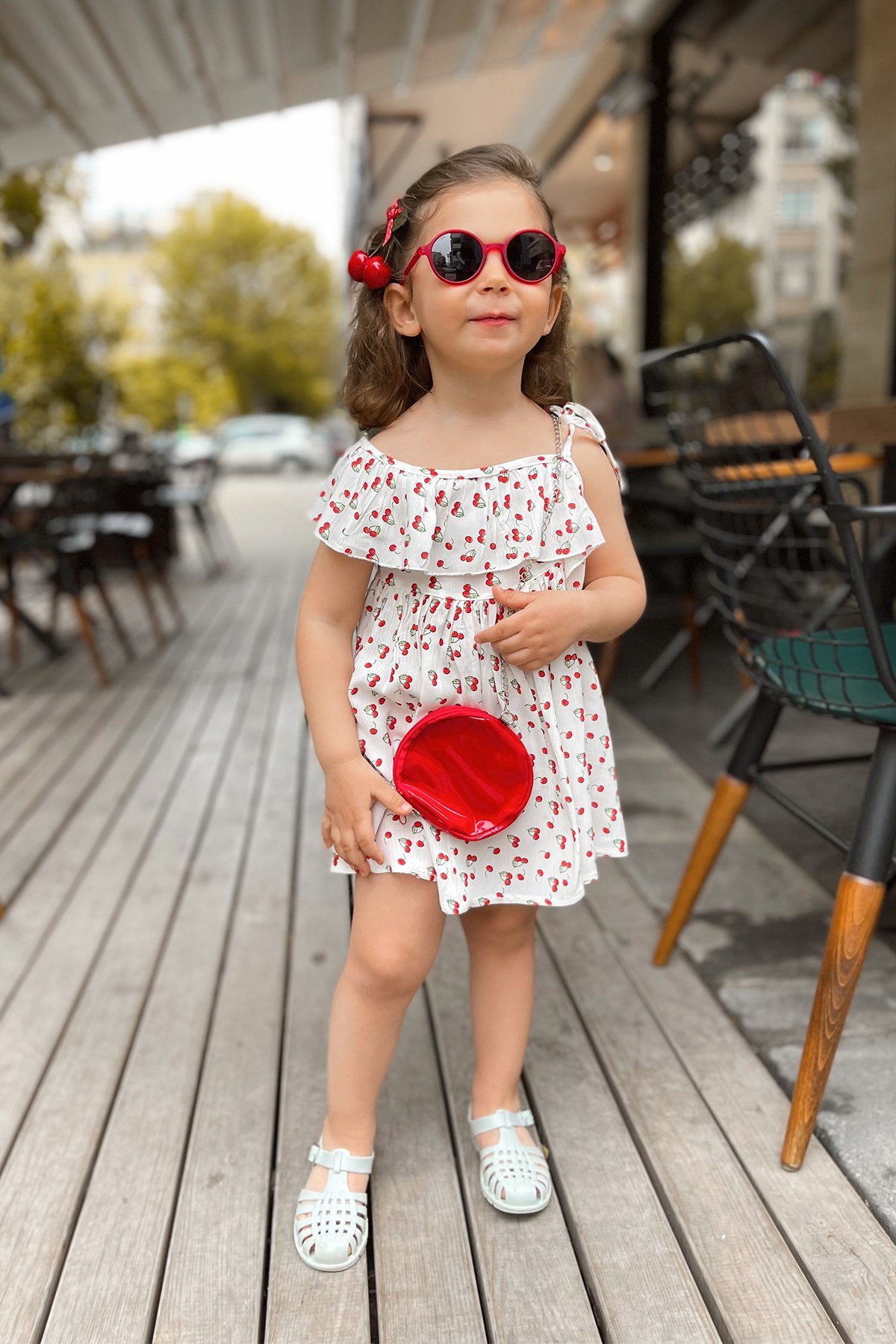 Kirazlı Tek Omuzlu Çantalı Elbise