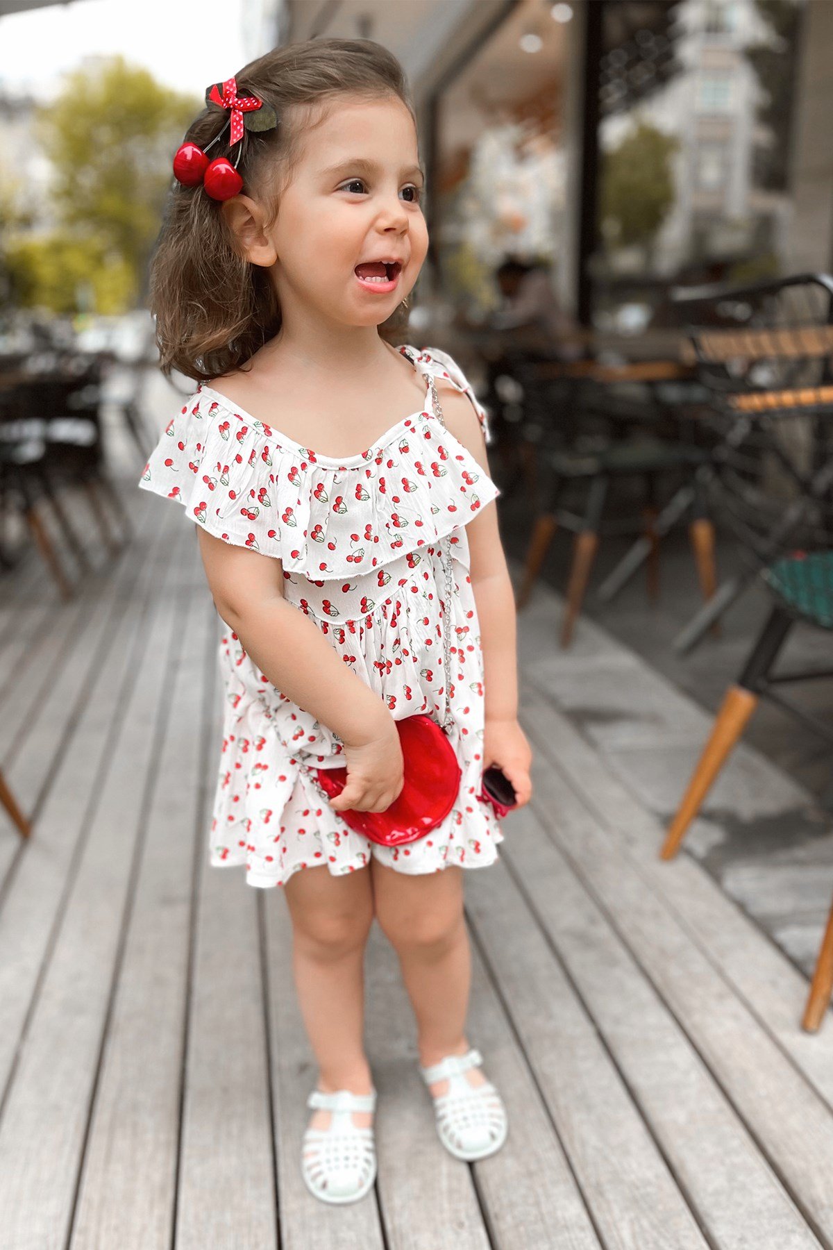 Kirazlı Tek Omuzlu Çantalı Elbise