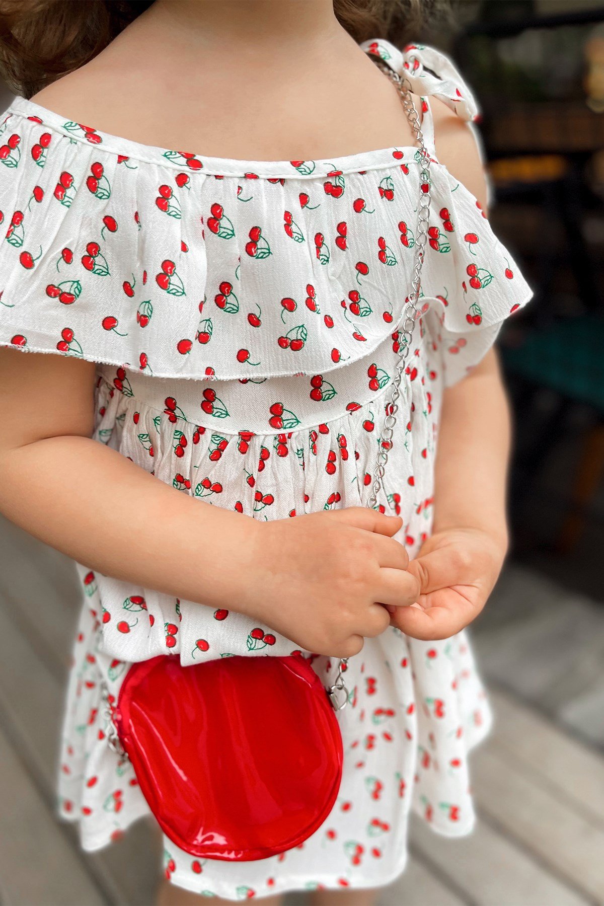 Kirazlı Tek Omuzlu Çantalı Elbise