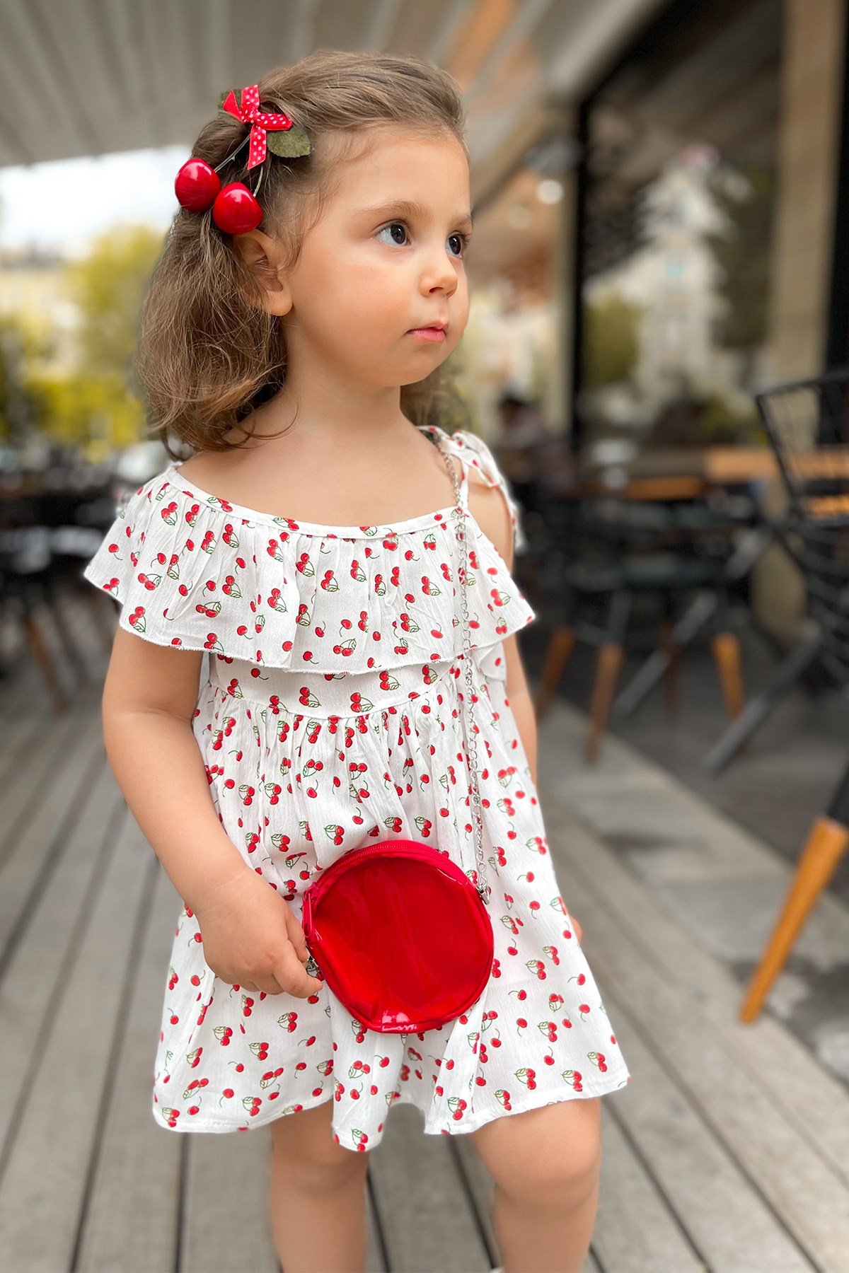 Kirazlı Tek Omuzlu Çantalı Elbise