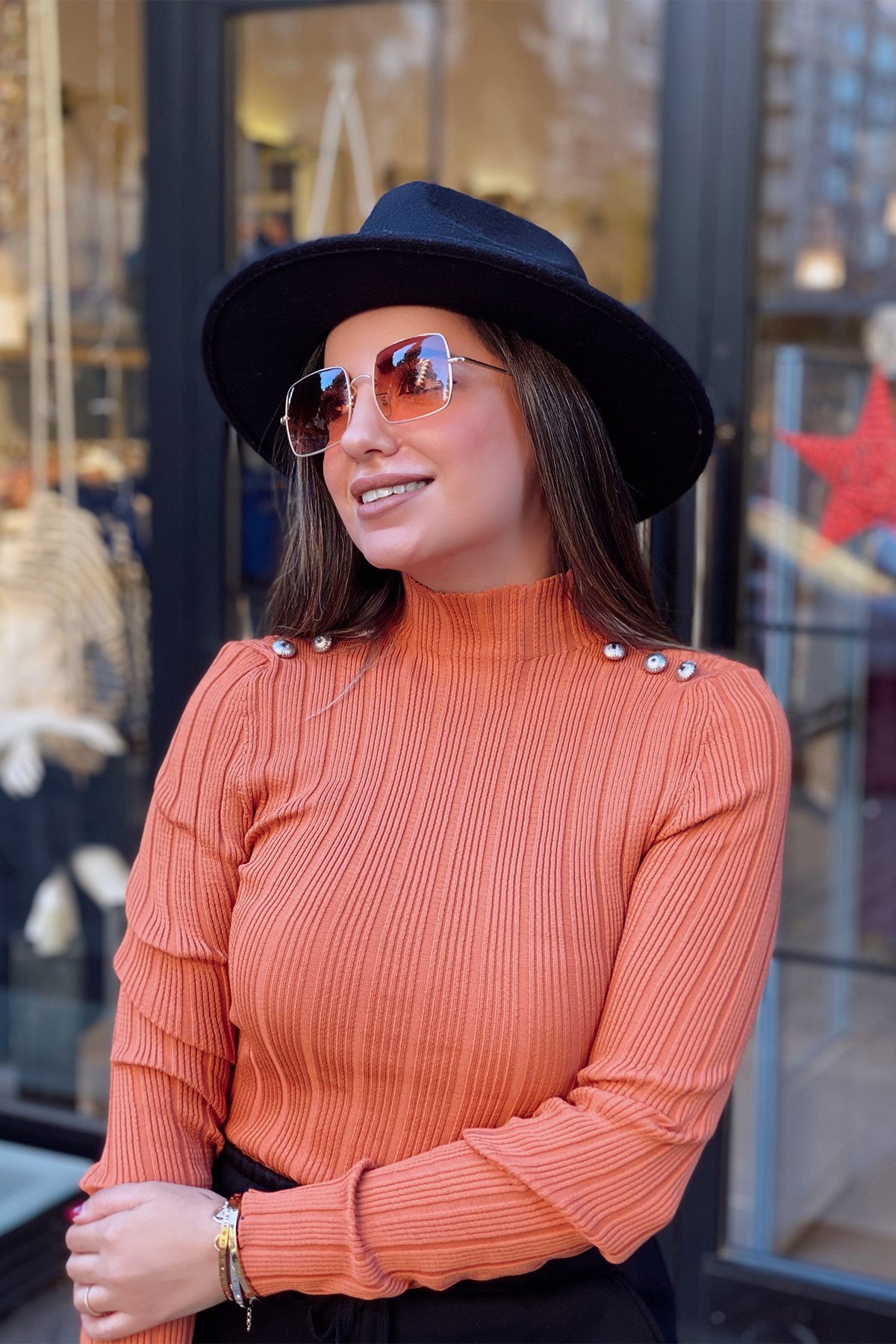 Kiremit Omuz Düğmeli Fitilli Triko Bluz