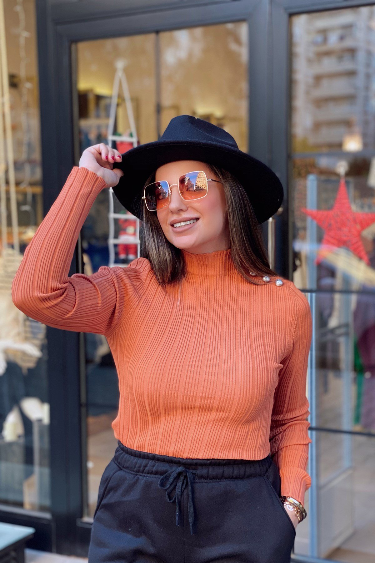 Kiremit Omuz Düğmeli Fitilli Triko Bluz