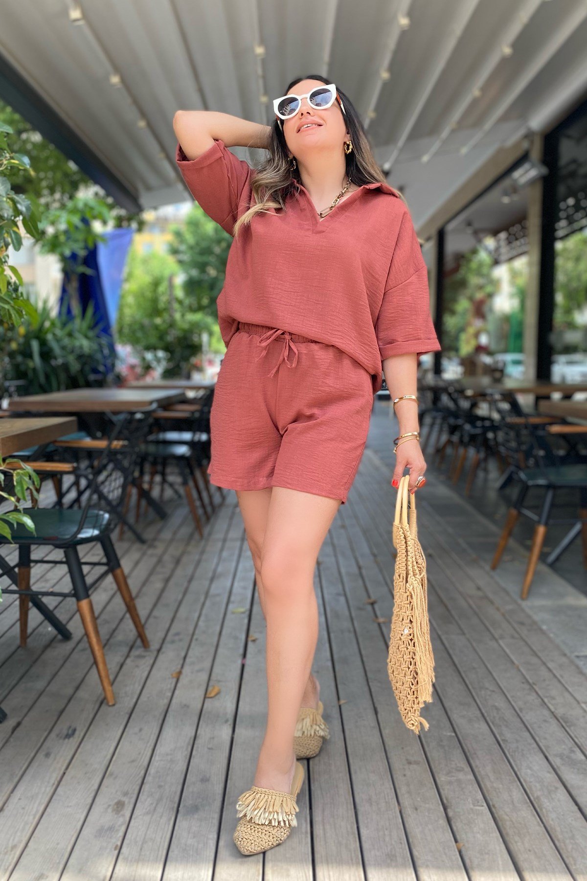 Kiremit Şort Bluz Takım