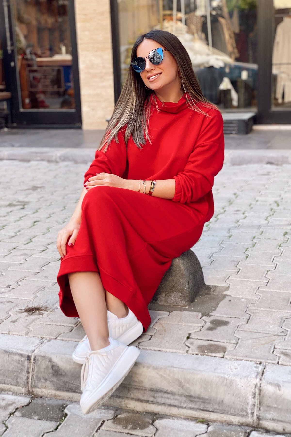 Kırmızı Balıkçı Yaka Oversize Elbise