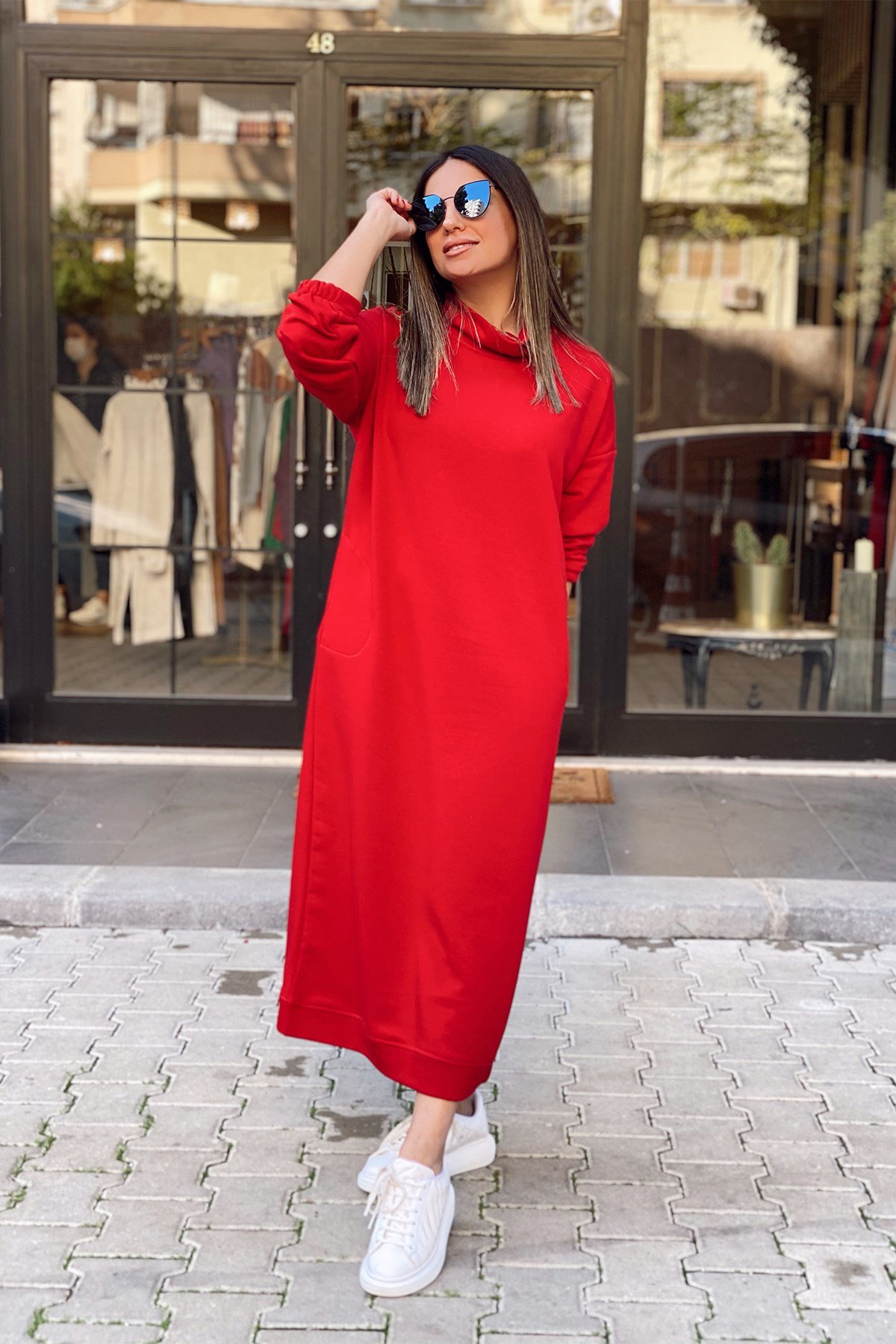 Kırmızı Balıkçı Yaka Oversize Elbise