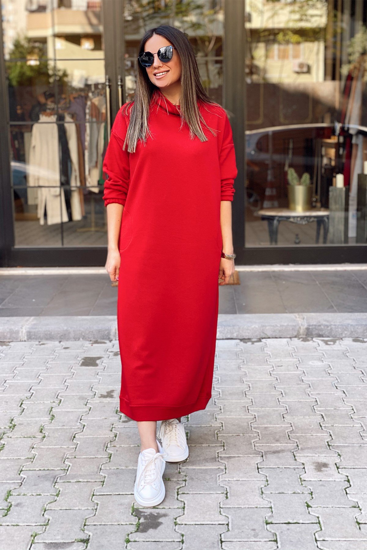 Kırmızı Balıkçı Yaka Oversize Elbise